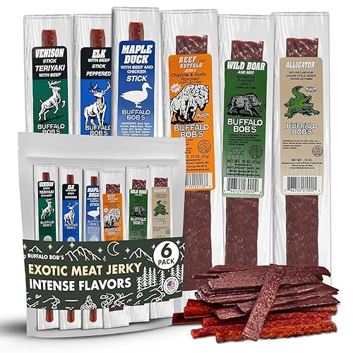 Miniatura 8 de Buffalo Bob's Wild Game - Bocadillos de carne de caza (6 unidades) surtido exótico, jabalí, cocodrilo, venado, camello, alce, búfalo, regalo para