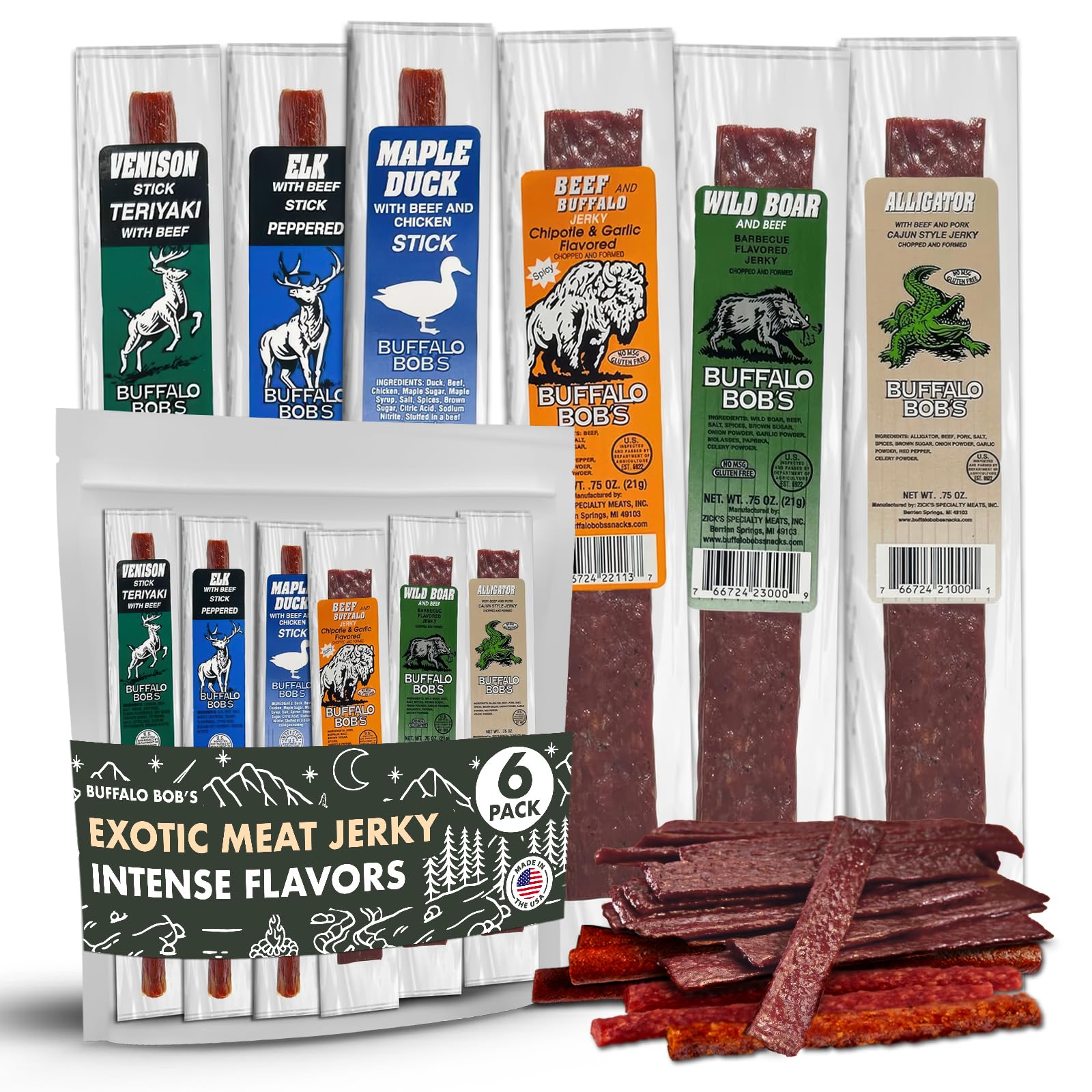 Buffalo Bob's Wild Game Exotic Snacks (6 Pack) | Beef Jerky Gift Set | Meat Gifts for Men | Variety Sampler Pack for Dad | Bison Jerky Exotic | Snack Baskets for Men | Flavor Pack