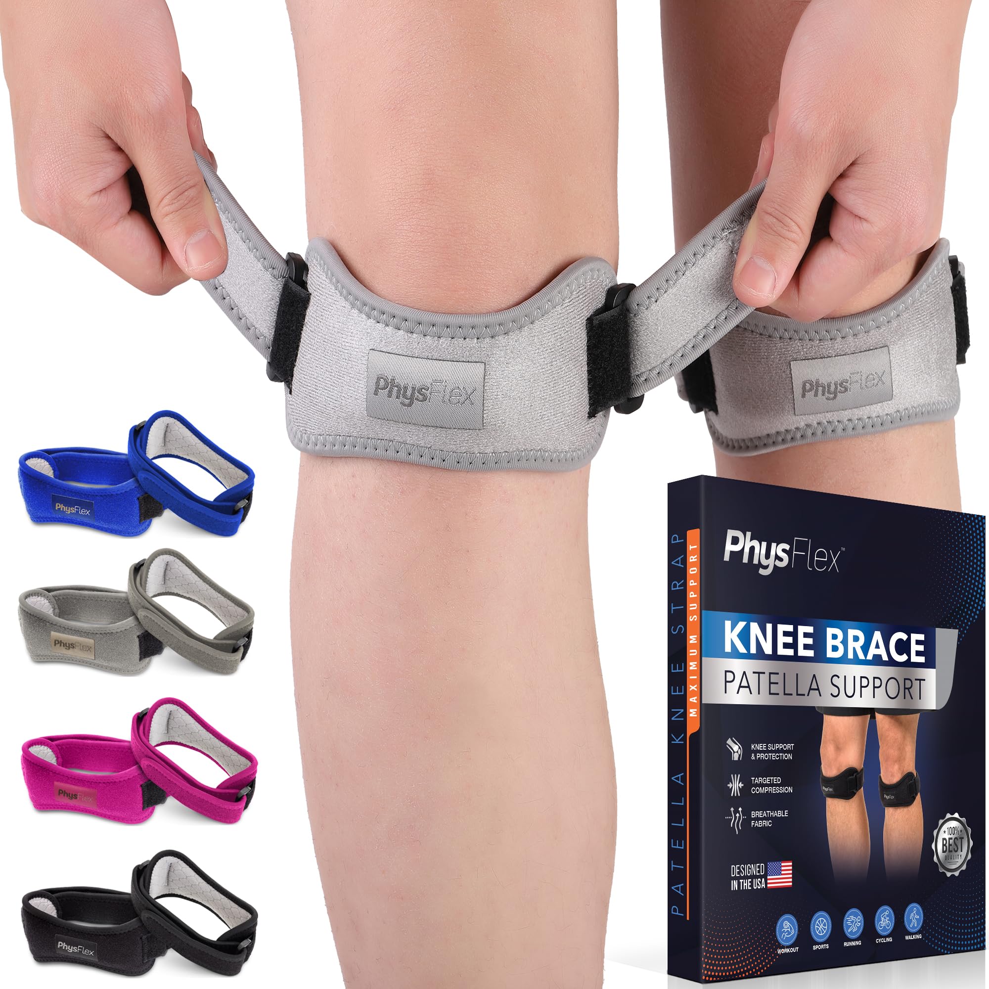Patella Knee Brace 2 Pack - Knee Support and Pain Relief, Running, Hiking, Basketball, Jumpers Knee, Tendonitis, Adjustable Strap Patellar Tendon Stabilizer (Gray)