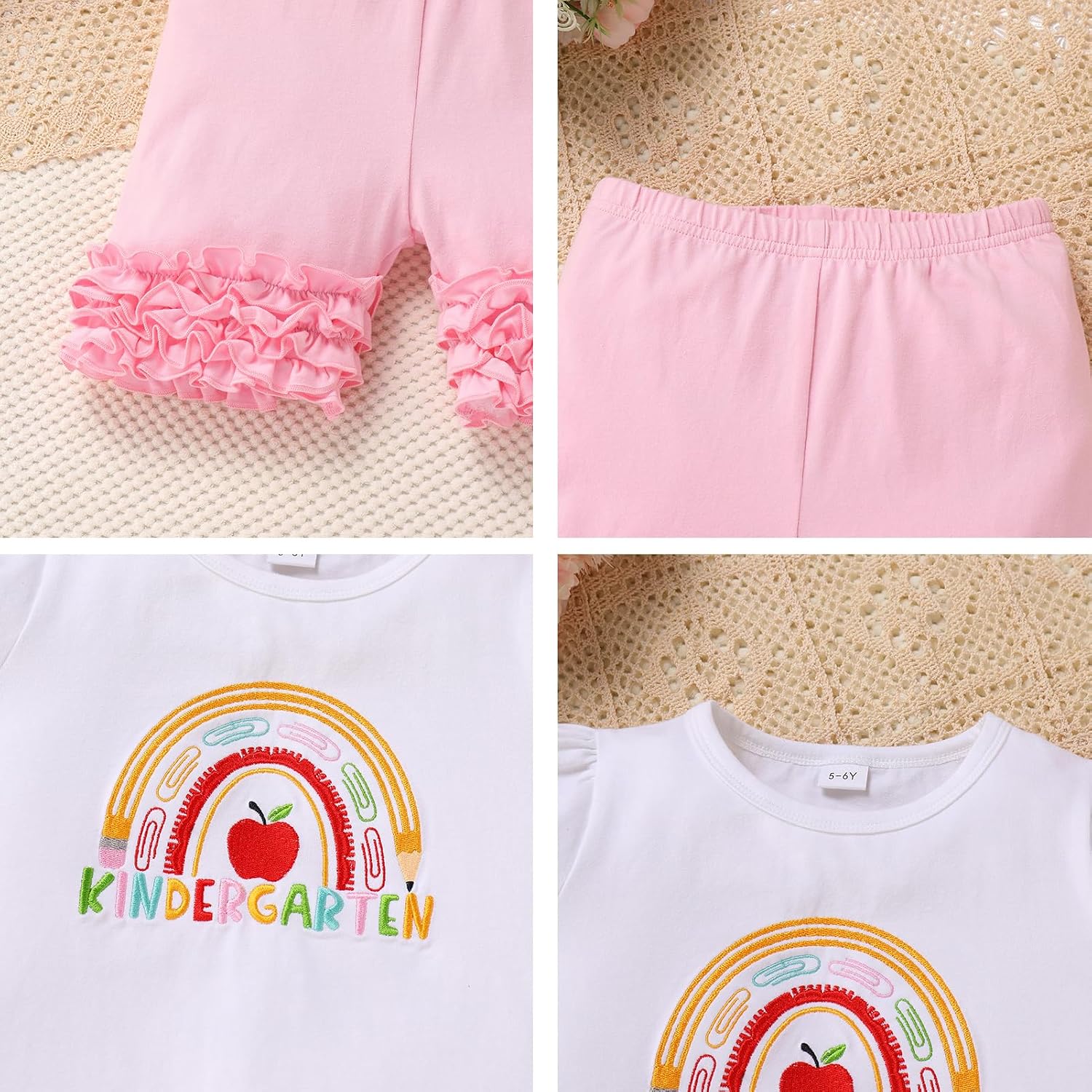 ODASDO Girls Back To Scool Outfit First Day of Kindergarten Kurzarm T-shirt Ruffle Shorts Set Casual Playwear