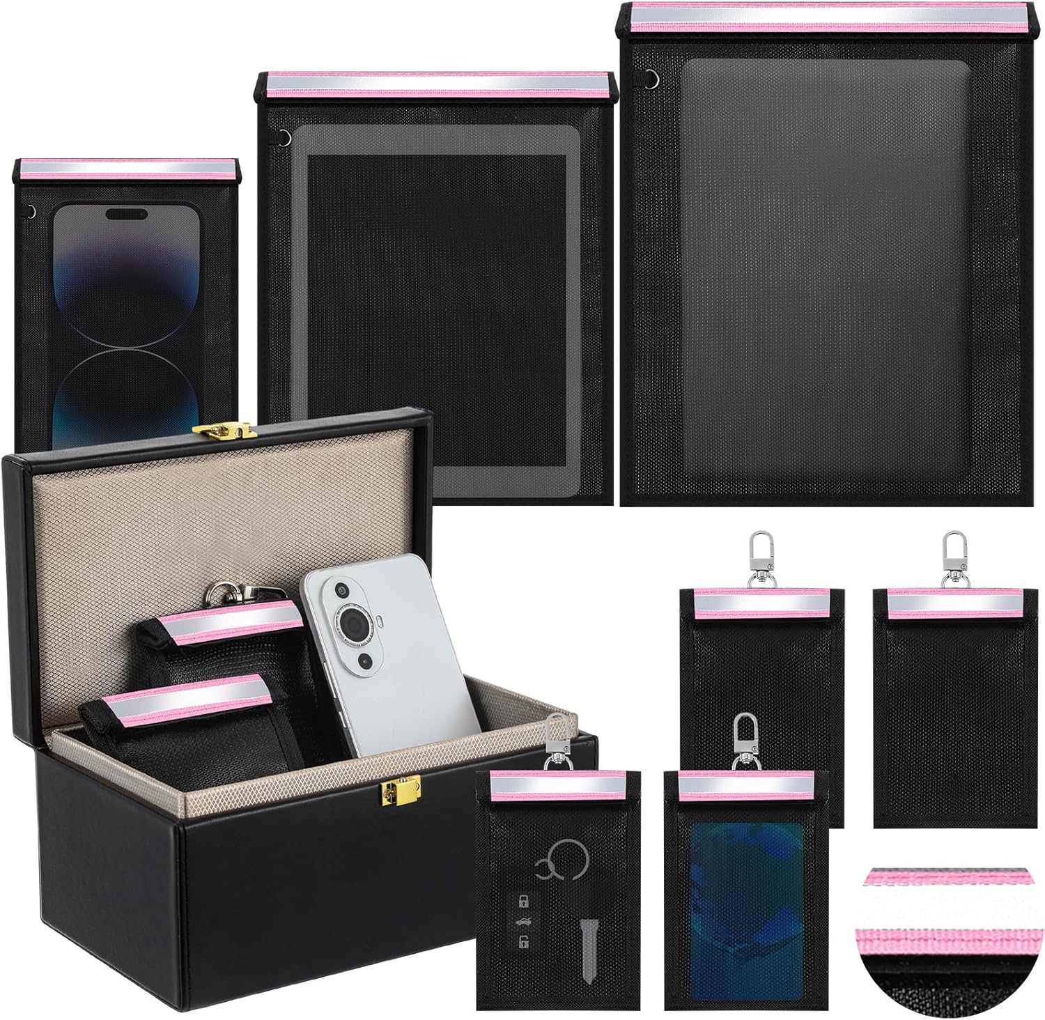 8 Pack 1 Pcs Large Faraday Box with 7 Pcs Faraday Bags(L, M and S) for Car Keys, Laptops, Tablets, Phones, Fireproof and Waterproof Key Protector for Car Security(Black)