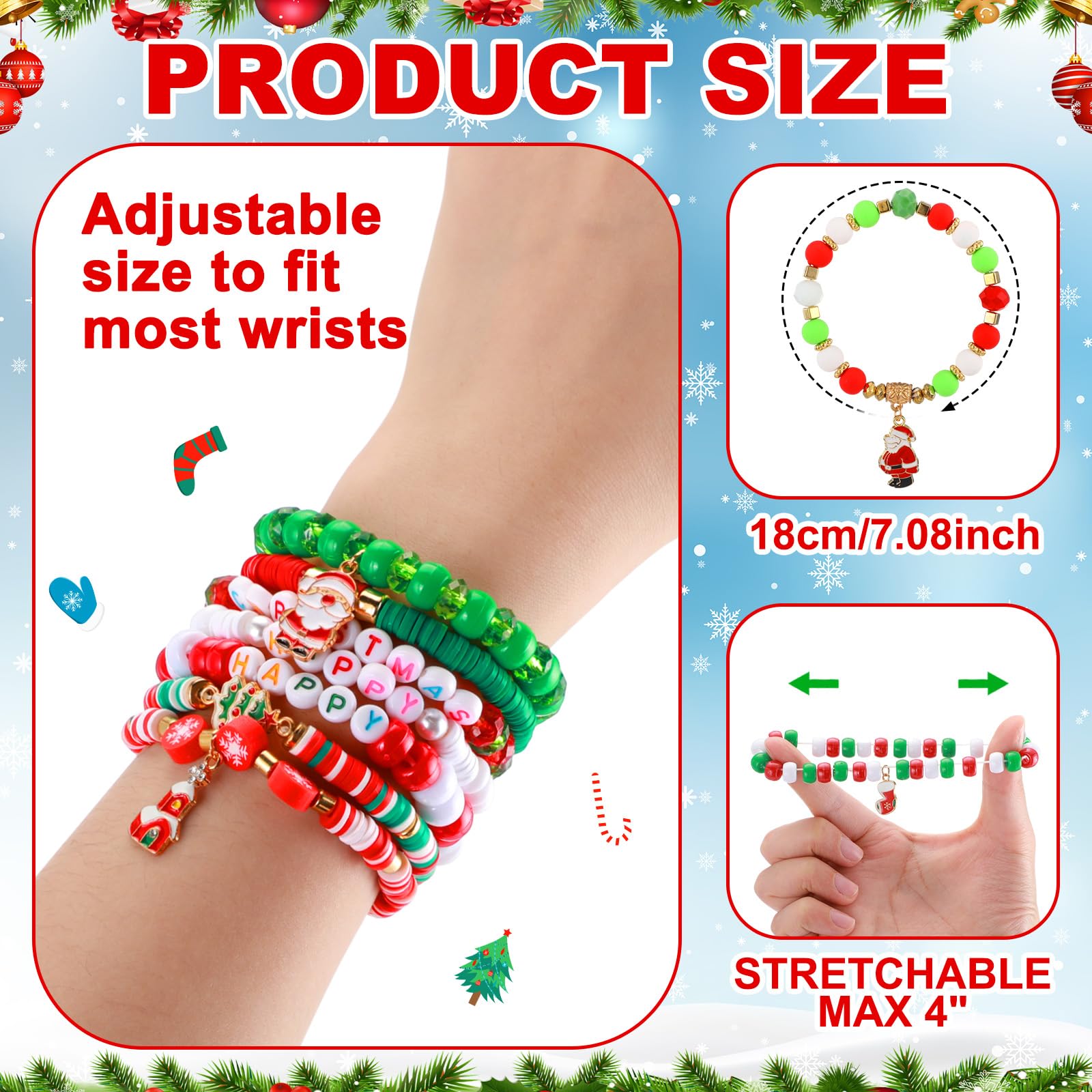 Huquary Weihnachts-Armbänder für Frauen, Weihnachts-Freundschaftsarmbänder, stapelbar, Perlen, Stretch-Armband, elastisch, Schmuckgeschenk, Geschenk für Urlaub, Party, Gastgeschenke