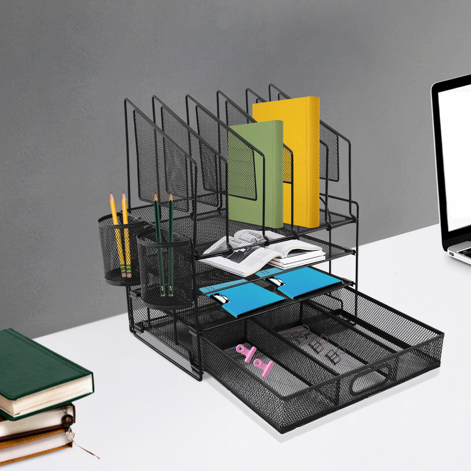 Organizer da scrivania con cassetti, in metallo, con 2 portapenne, in rete rimovibile, con 5 scomparti verticali, per scuola, casa, ufficio, ufficio, 32,6 x 22,8 x 41 cm (nero)