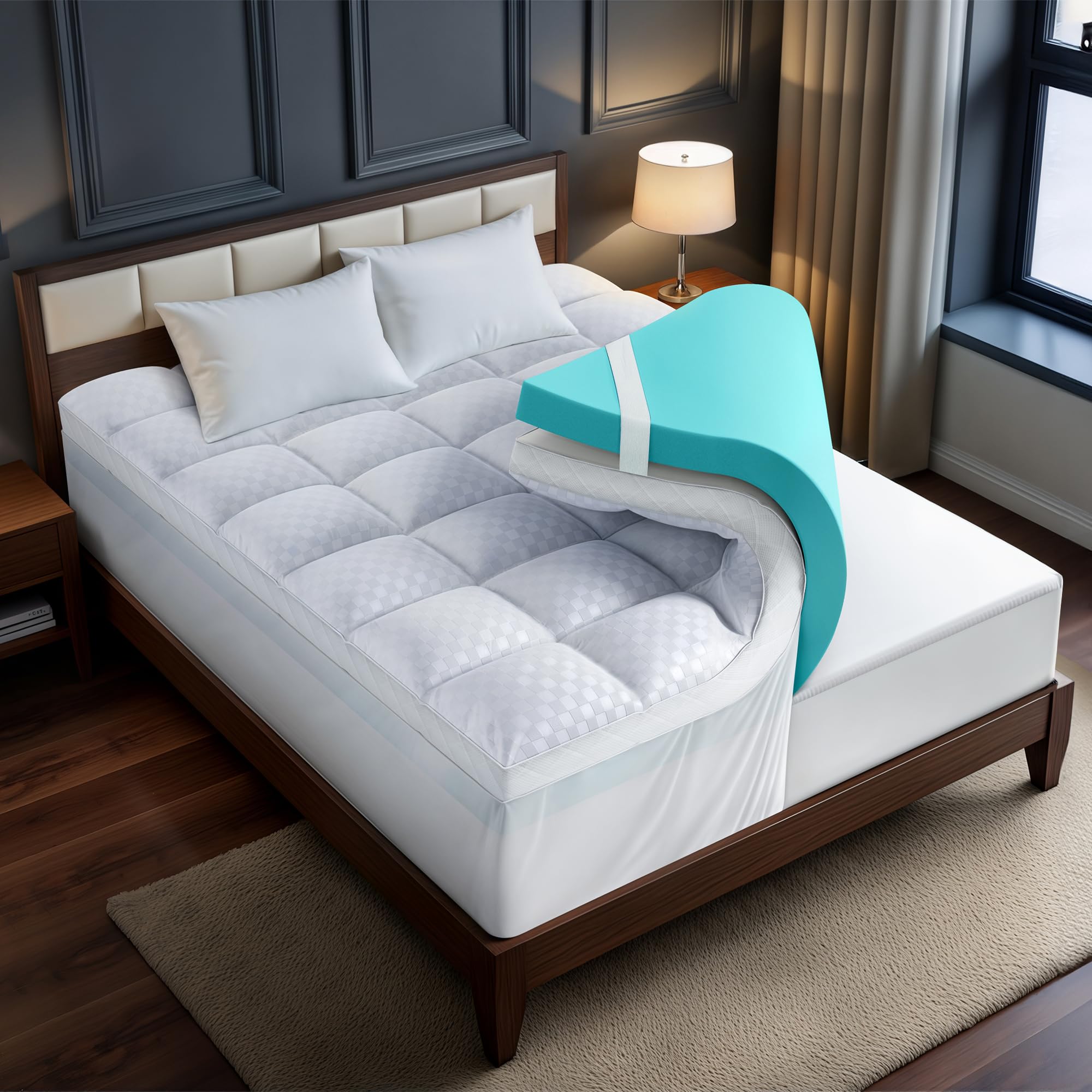 Photo 1 of Dual Layer 4 Inch Memory Foam Mattress Topper for Pressure Relief with 4X Support, 2" Fluffy Pillow Top Queen Mattress Topper 50% Viscose Made from Bamboo Plus 2" Cooling Gel Memory Foam Mattress Pad