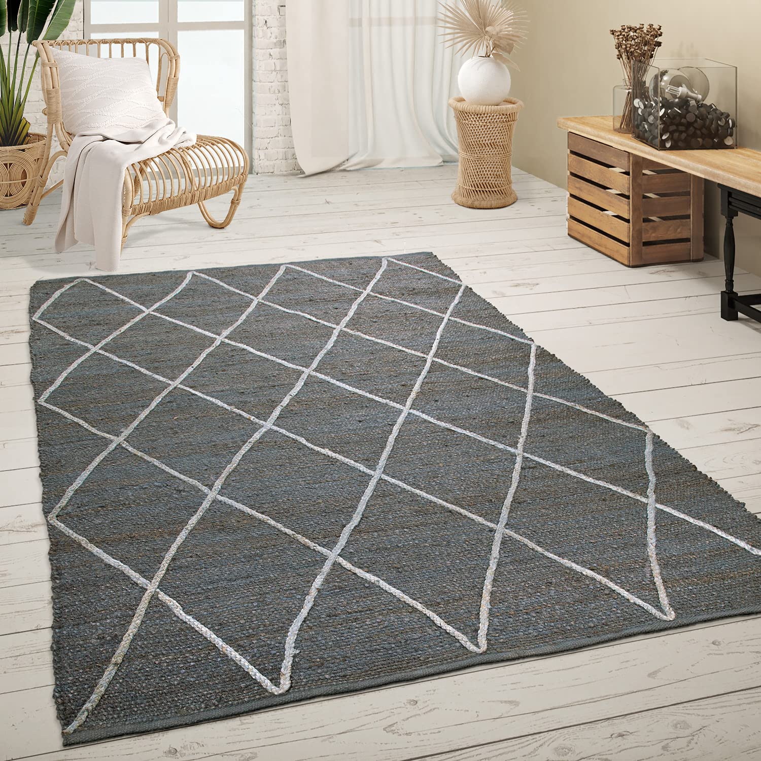 Paco Home Teppich Wohnzimmer Jute Naturfaser Handgearbeitet Modernes Skandi 3D Muster, Grösse:160x230 cm, Farbe:Anthrazit