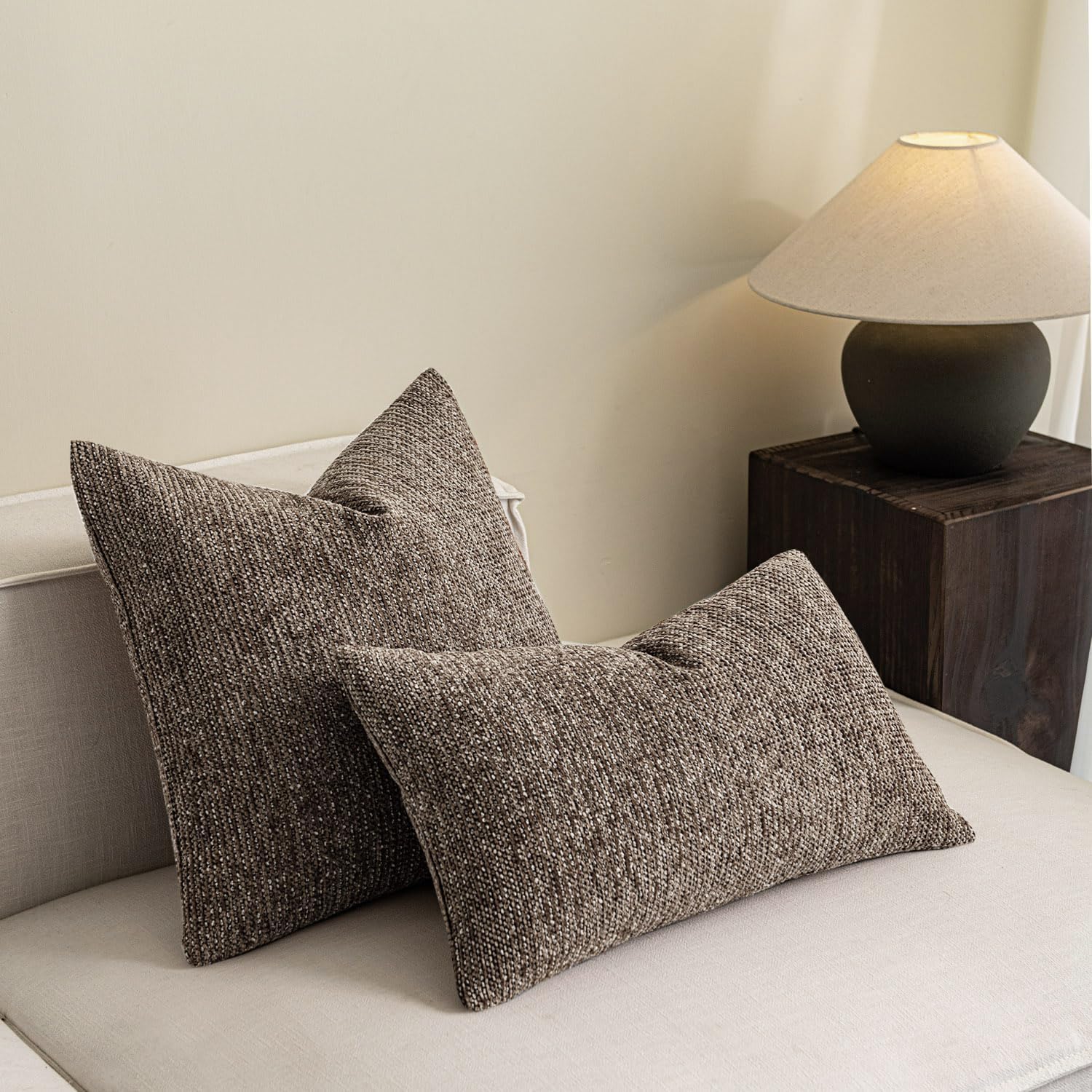 Chenille Fabric Textured Couch Decorative Throw Pillow Covers - Mid Century Retro Farmhouse Style 18 x 18 Inch Set of 2, Cushion Case Pillowcase for Sofa, Bedroom Living Room, Brown Stone - Image 4