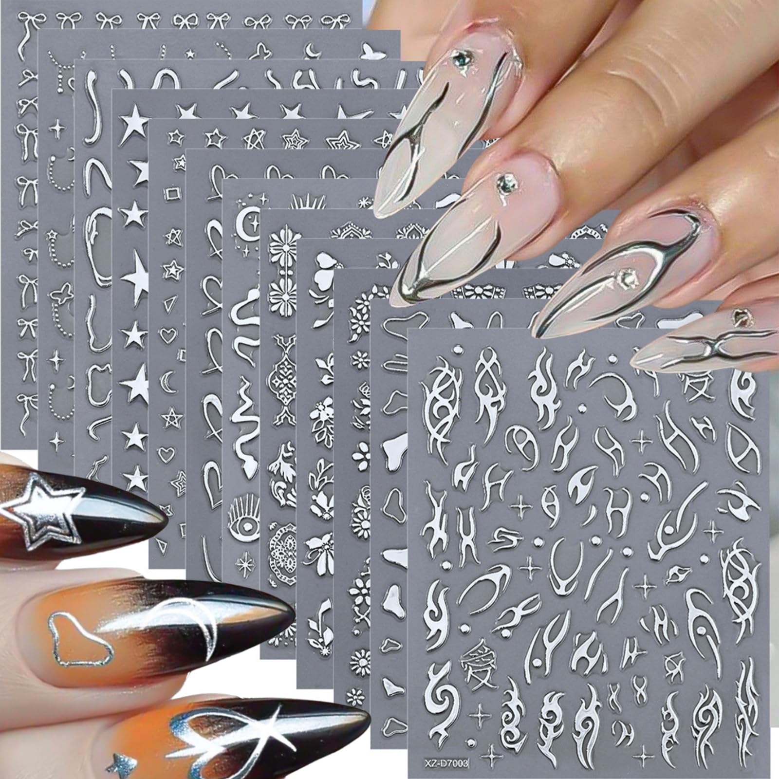 Photo 1 of 12 Sheets Silver Nail Art Stickers, 3D Self-Adhesive Bronzing Sun Moon Stars Bow Designs Nail Sticker Acrylic Manicure Decals Decorations Accessory for Women Girls