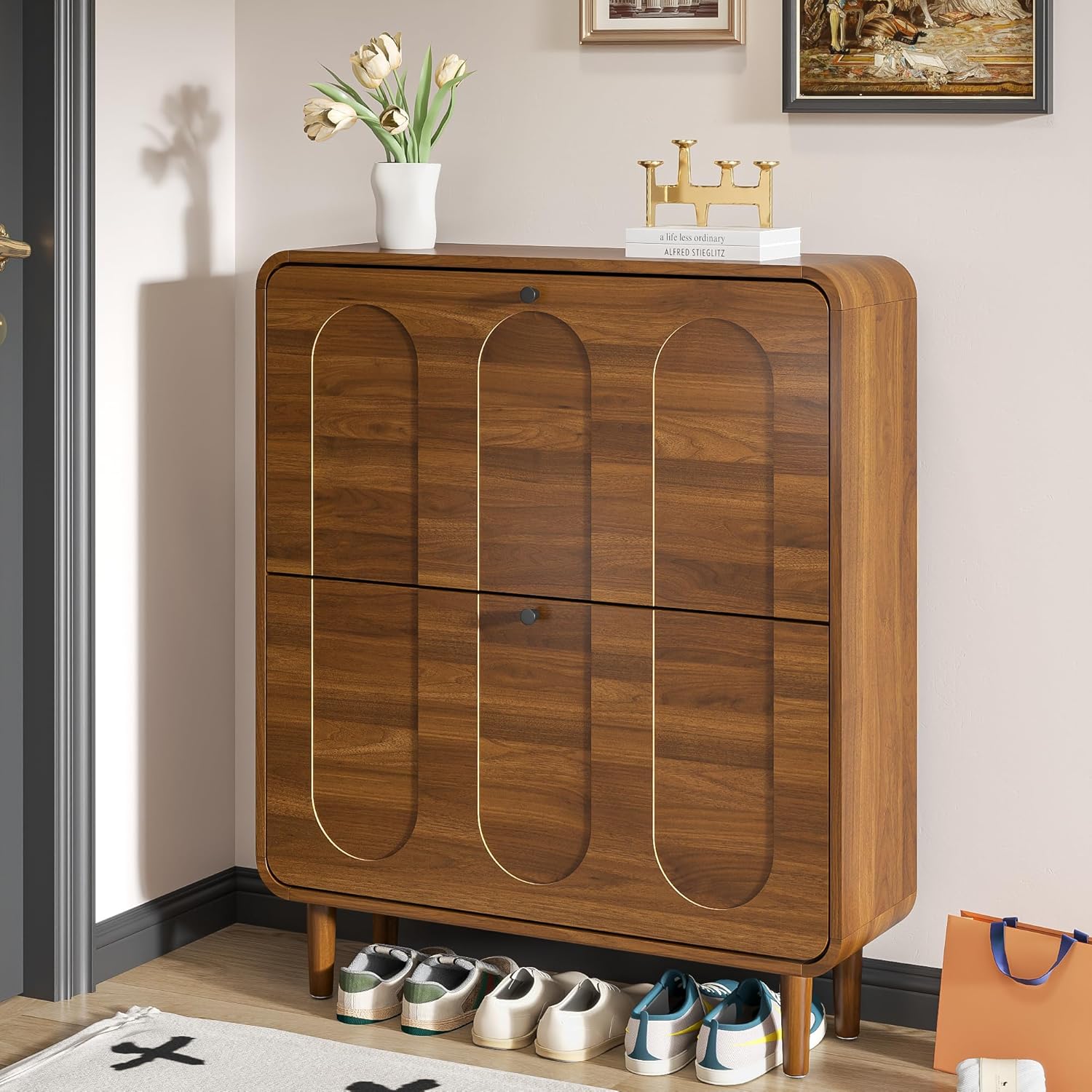 Narrow Shoe Storage Cabinet for Entryway with 2 Flip Drawers, Curved Shoe Cabinet with Arched Stripe Panel, Freestanding Hidden Shoe Organizer Closed for Foyer, Hallway (Walnut, 31.5 inches)