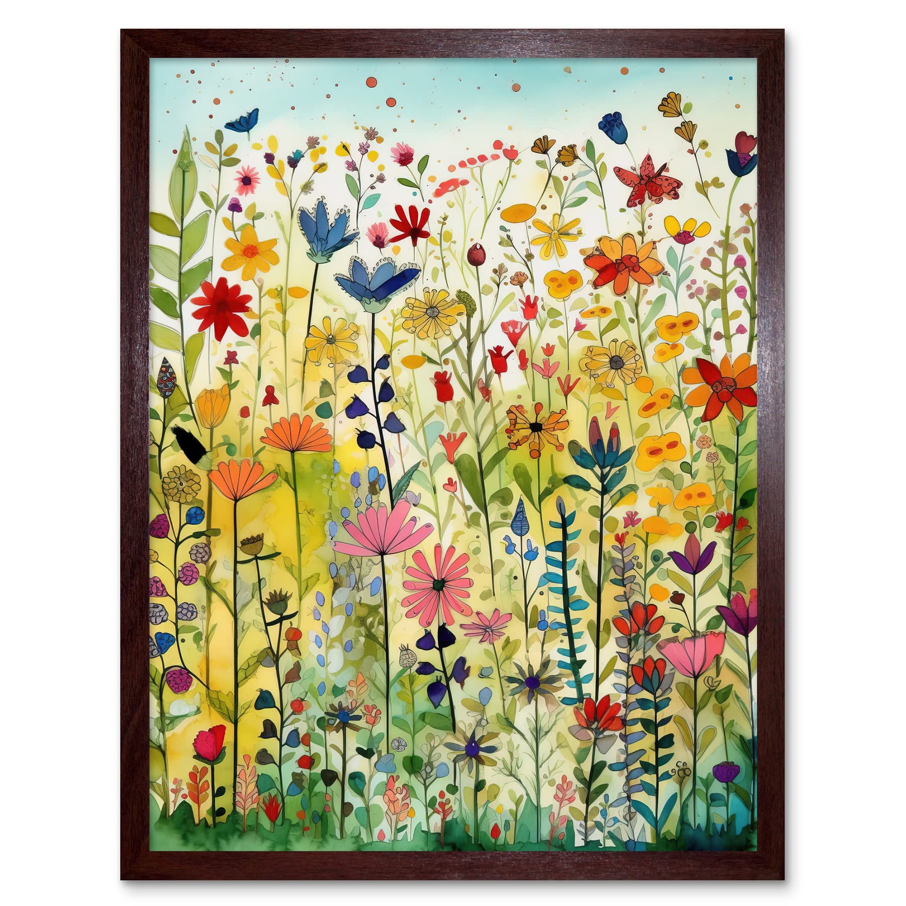Artery8 Mixed Wildflower Bloom In Meadow Folk Art Art Print Framed Poster Wall Decor 12x16 inch
