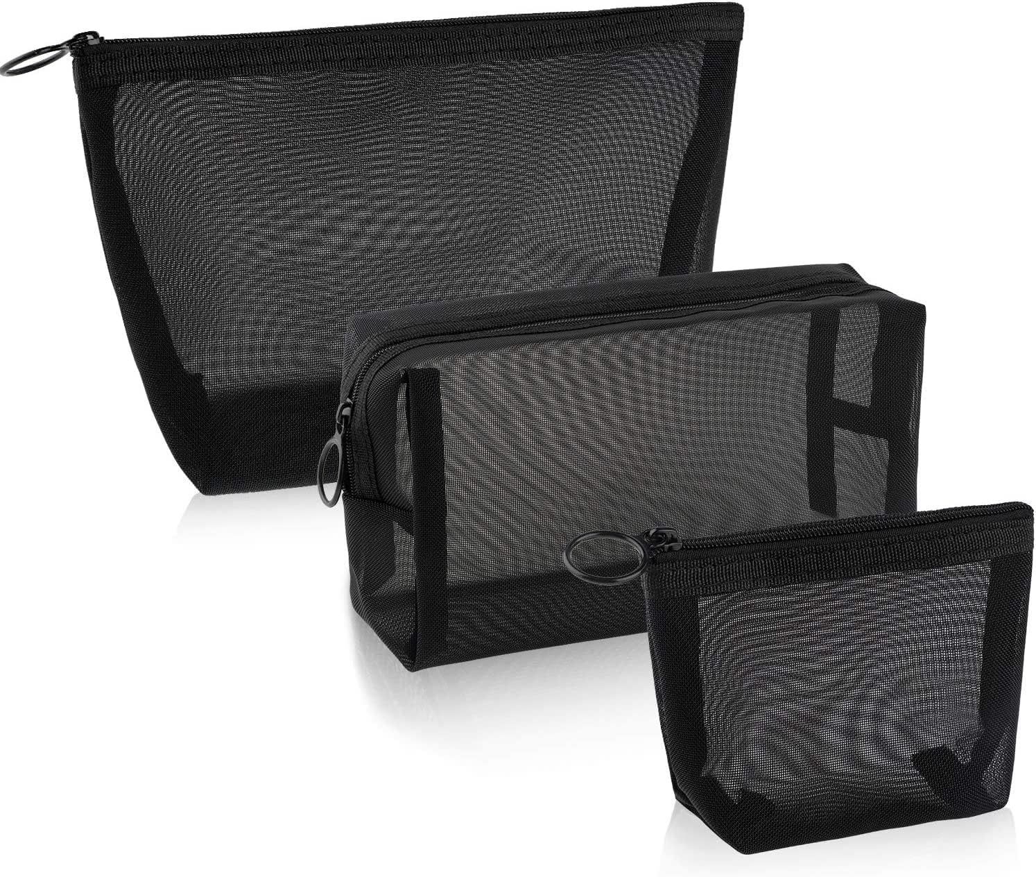3 Pieces Mesh Cosmetic Bag Mesh Makeup Bags Mesh Zipper Pouch for Offices Travel Accessories, 3 Sizes (Black)