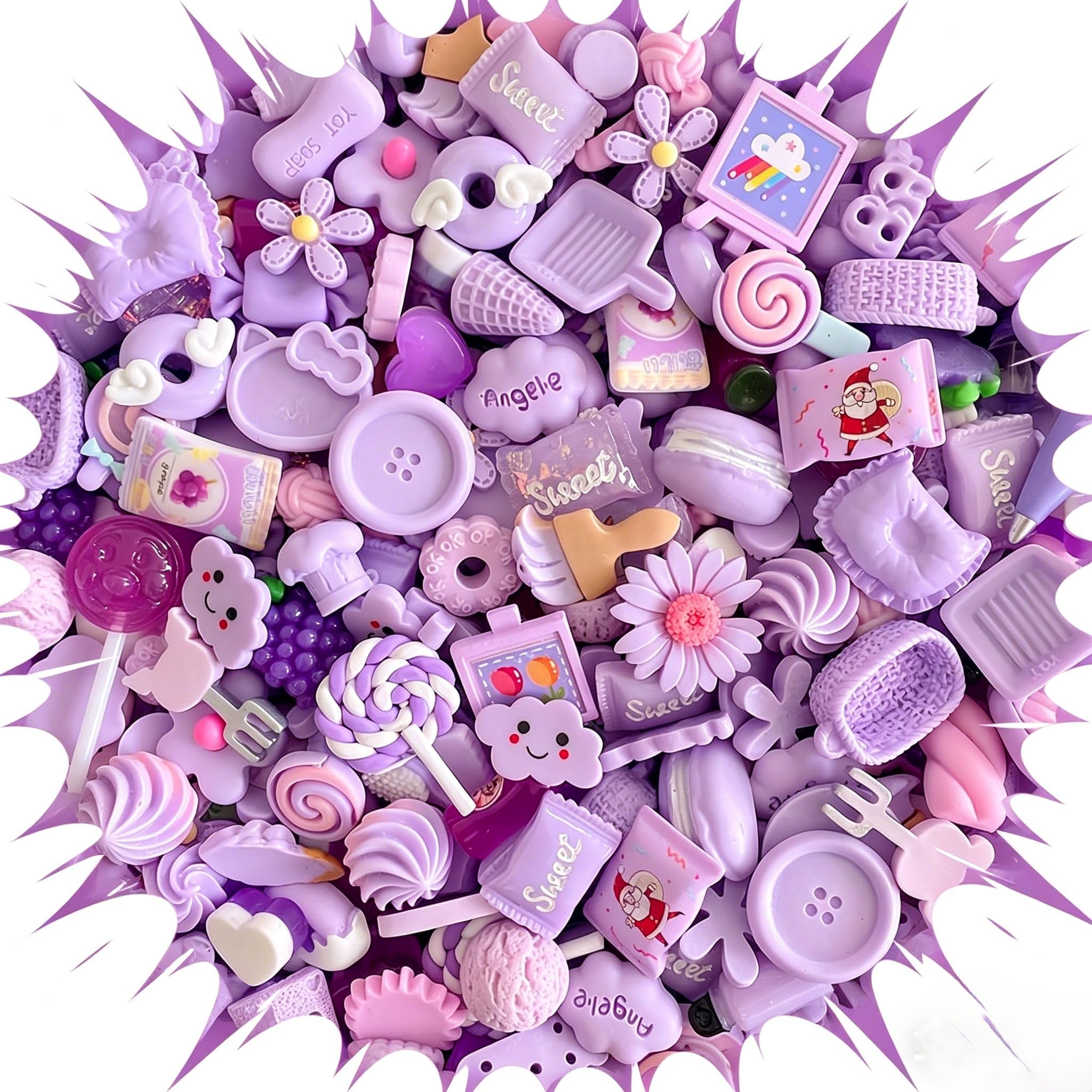 Ulalaza 50pcs Slime Charms Mixed Set Resin Flatback Making Supplies For DIY Craft Making And Ornament Scrapbooking Beads Assorted Candy Fruit Cake Ornament