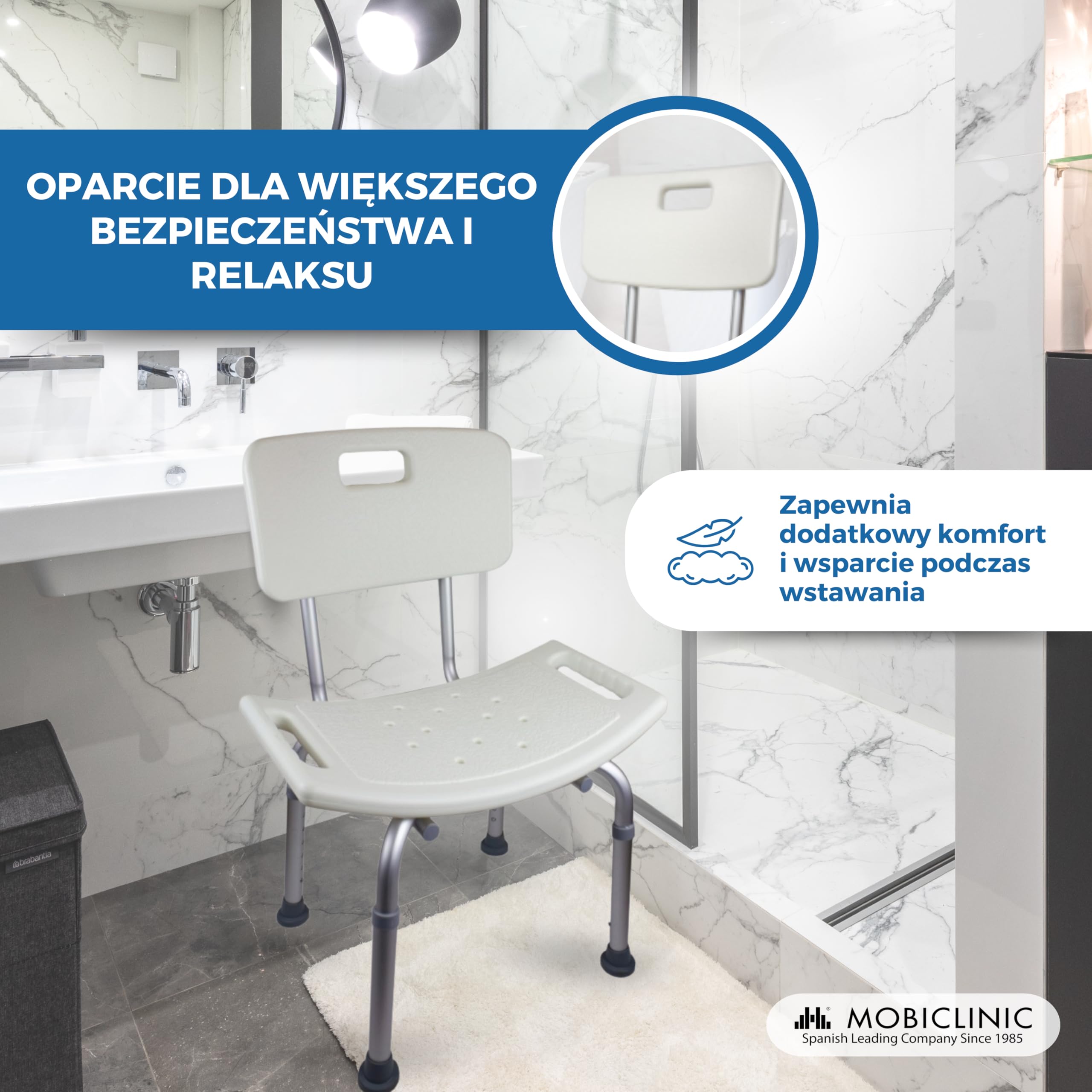Mobiclinic, Oliwkowy, krzesło prysznicowe dla seniorów, ortopedyczny, stołek prysznicowy dla osób starszych, regulowana wysokość, krzesło do kąpieli z oparciem, antypoślizgowe uchwyty