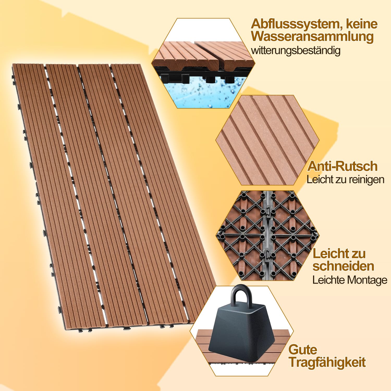 30x60cm WPC Terrassenfliesen, 60 Stück /10m² WPC Fliesen Balkonfliesen, Wasserfest und Rutschfest, mit Drainage und Klicksystem, Leicht zu verlegen, Braun