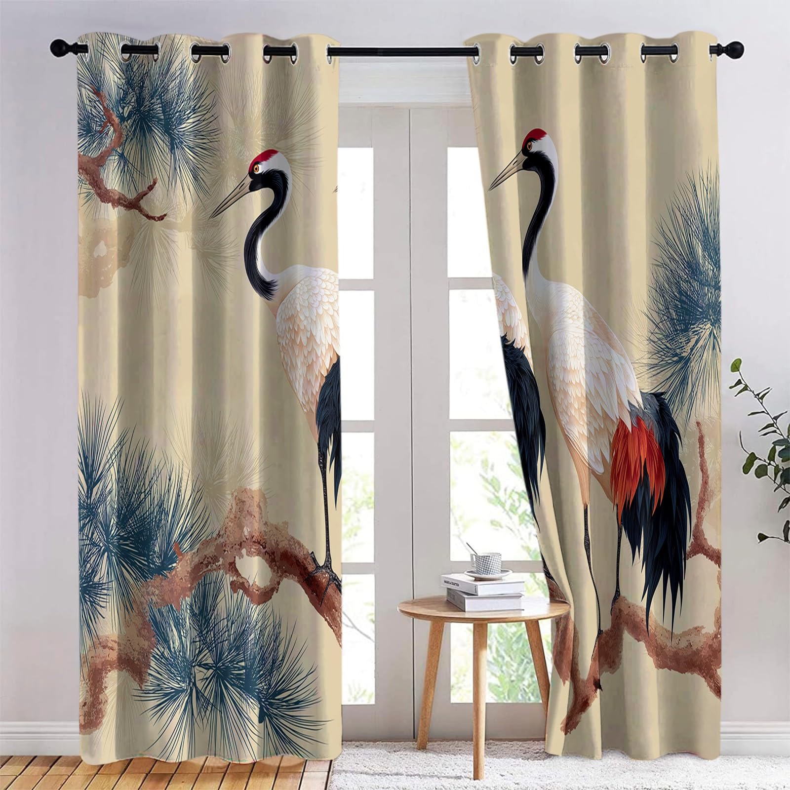 Est Animaux Grues Pins Rideau Occultant Thermique 140 x 175 cm Lot de 2, Fenetre Rideaux Salon Intérieur Maison Occultant Isolant Thermique Anti Froid, Beige