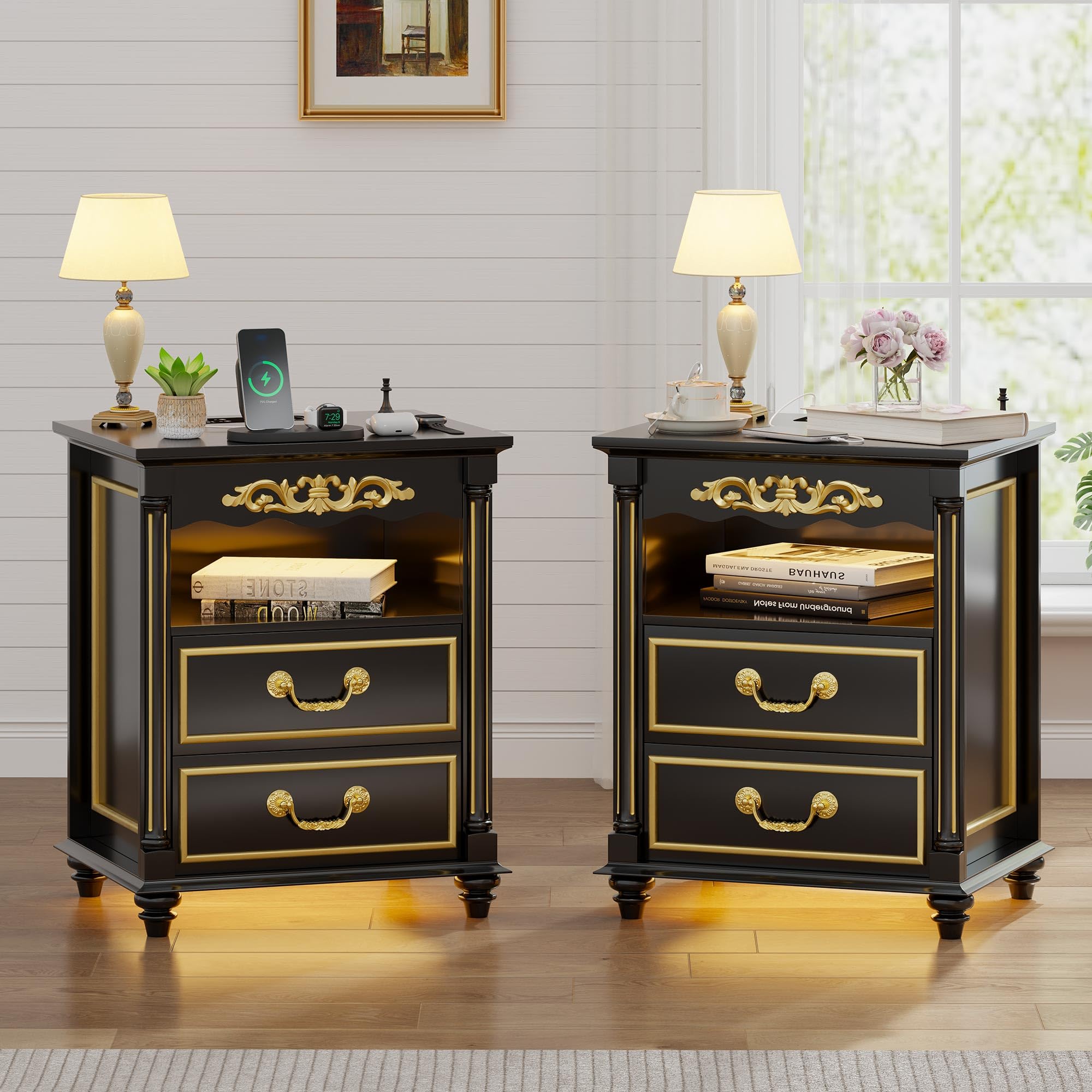 Gurexl Farmhouse Nightstand with Gun Drawer Set of 2, 20" Vintage Bedside Table with LED Lights & Charging Station, Tall Rustic Wood Sofa Side End