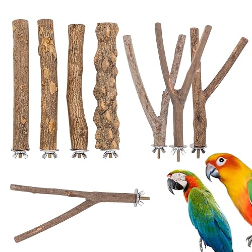 8Pcs Bird Perches,Bird Parrot Perch Stand Set,Natural Wood Perch for Birds,Fork Perch Rod Stand Bird Cage Accessories Toys for Parrots Conures Macaws Love Birds Finches