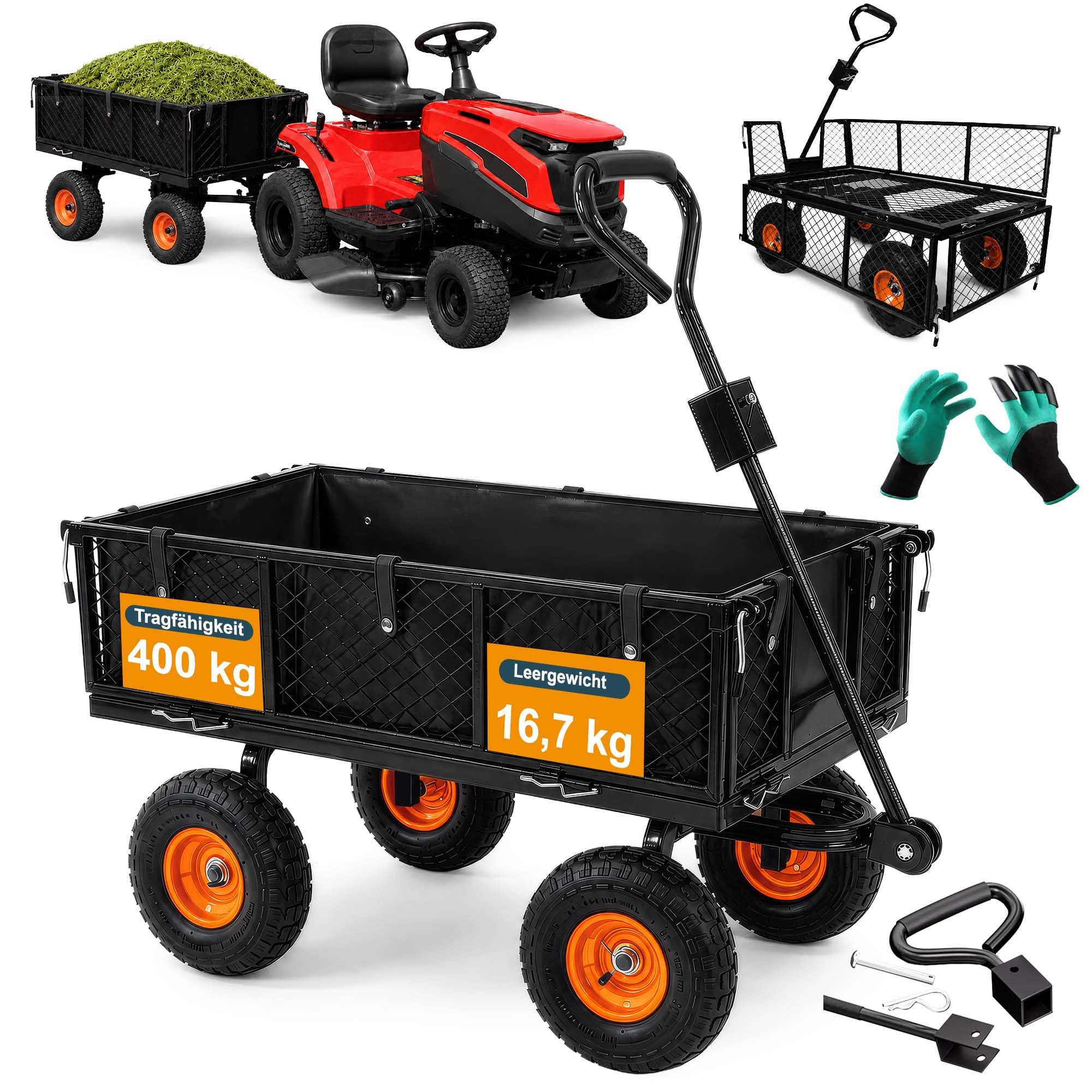 DreamRoots Gartenwagen Bollerwagen, 400 kg, 70 L, faltbar, Klein Schwarz | Transportwagen, Handwagen, 4 Luftreifen, abnehmbare Mesh-Seitenwände, Anhänger für Rasentraktoren