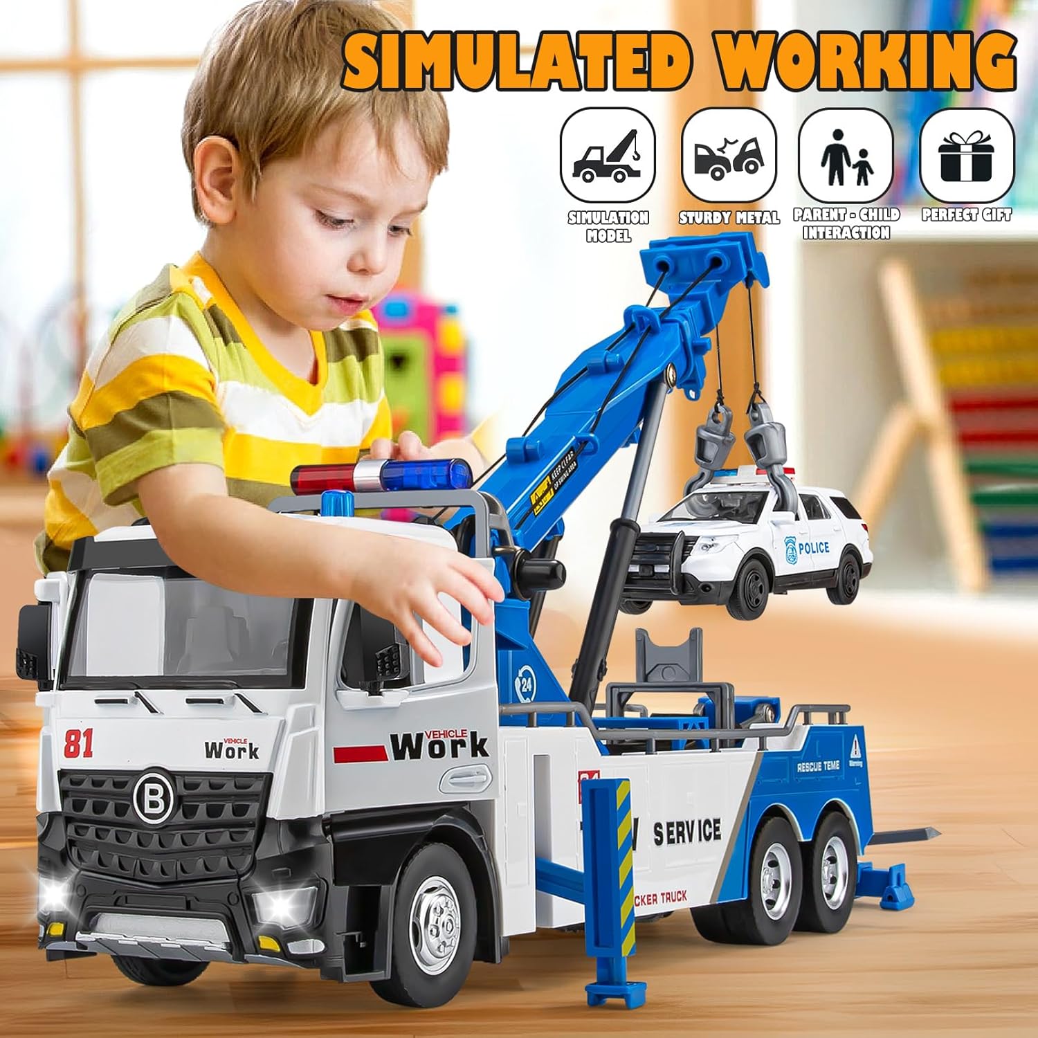 Tow Truck Toy for Kids, Metal Tow Truck with Crane Toy Model with Lights and Sounds, Construction Vehicles for 3 4 5 6 7 8 Years Old Boys