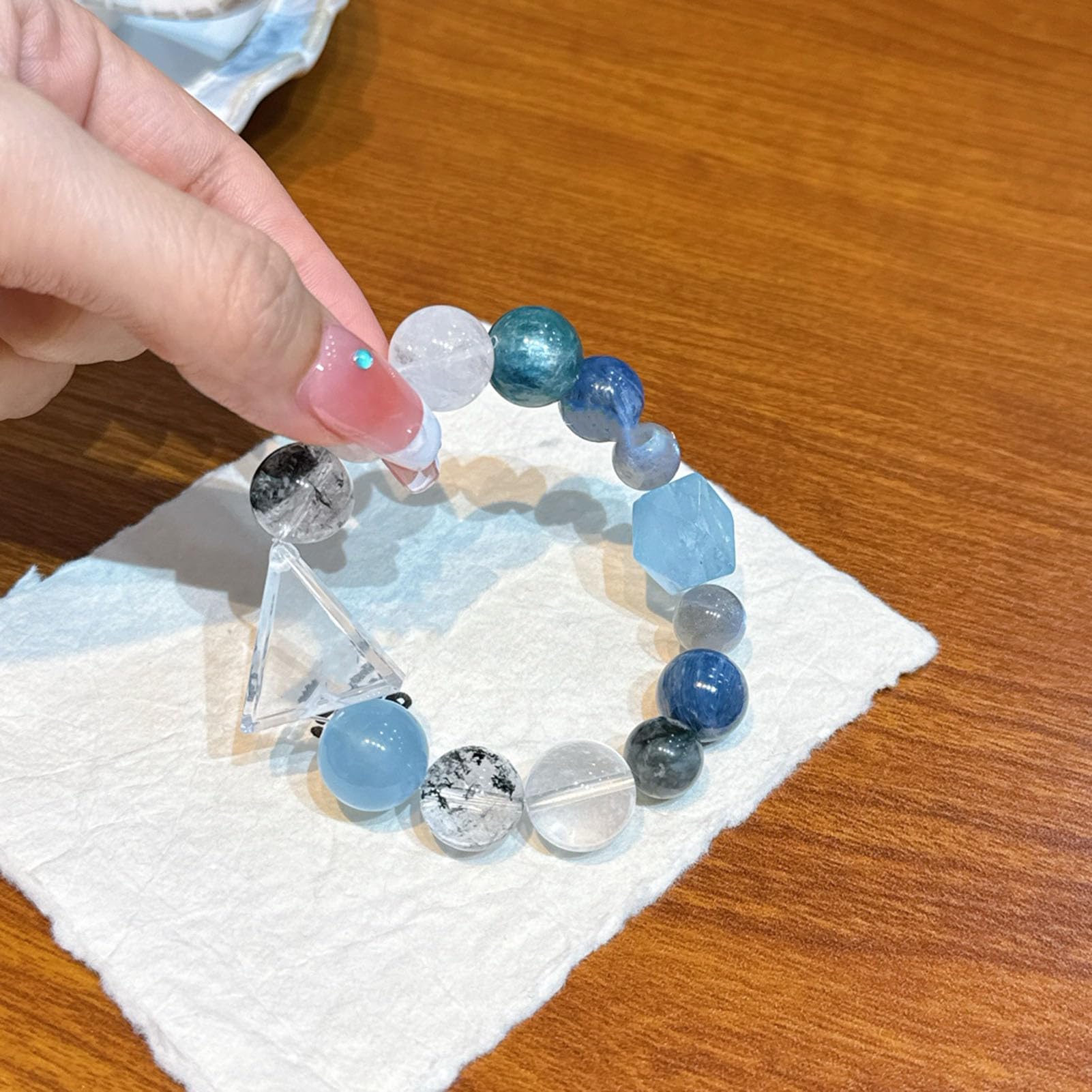 Pulsera de Piedra Aguamarina, auténticas Pulseras elásticas de Cuarzo Transparente, Cuentas de Cristal Azul Claro para la Paz y la claridad, joyería elástica para meditación