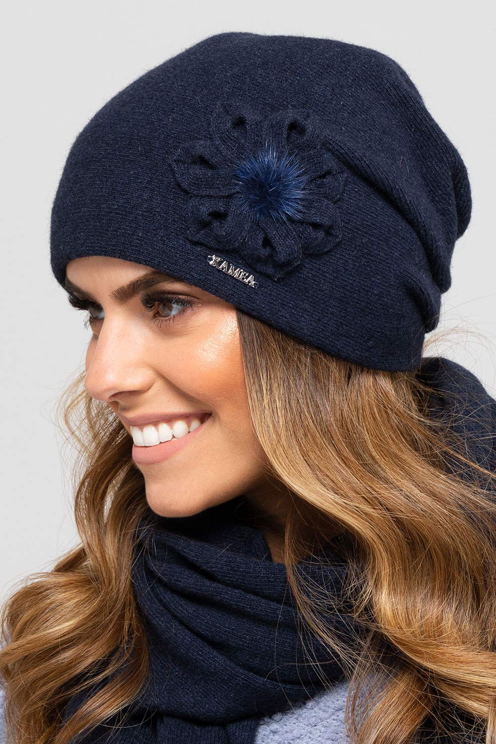 Kamea Cappello Femminile in Lana con Fiore Bari, Blu Scuro,Uni