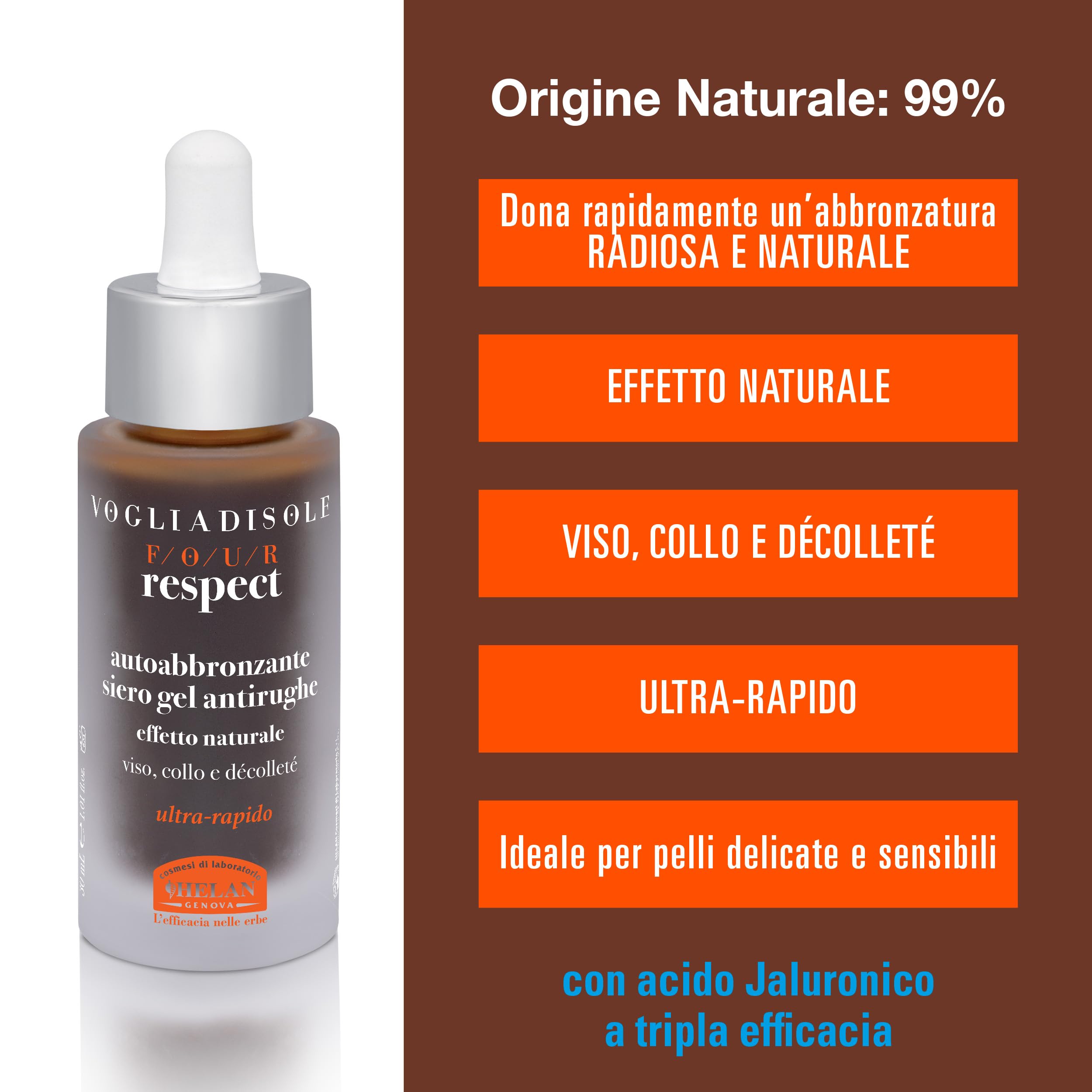 Helan, Vogliadisole Respect, Hyaluronic Acid Face Serum Self Tanning Anti-Wrinkle Gel with Vitamin E, Inositol and Agnocactus - Image 2
