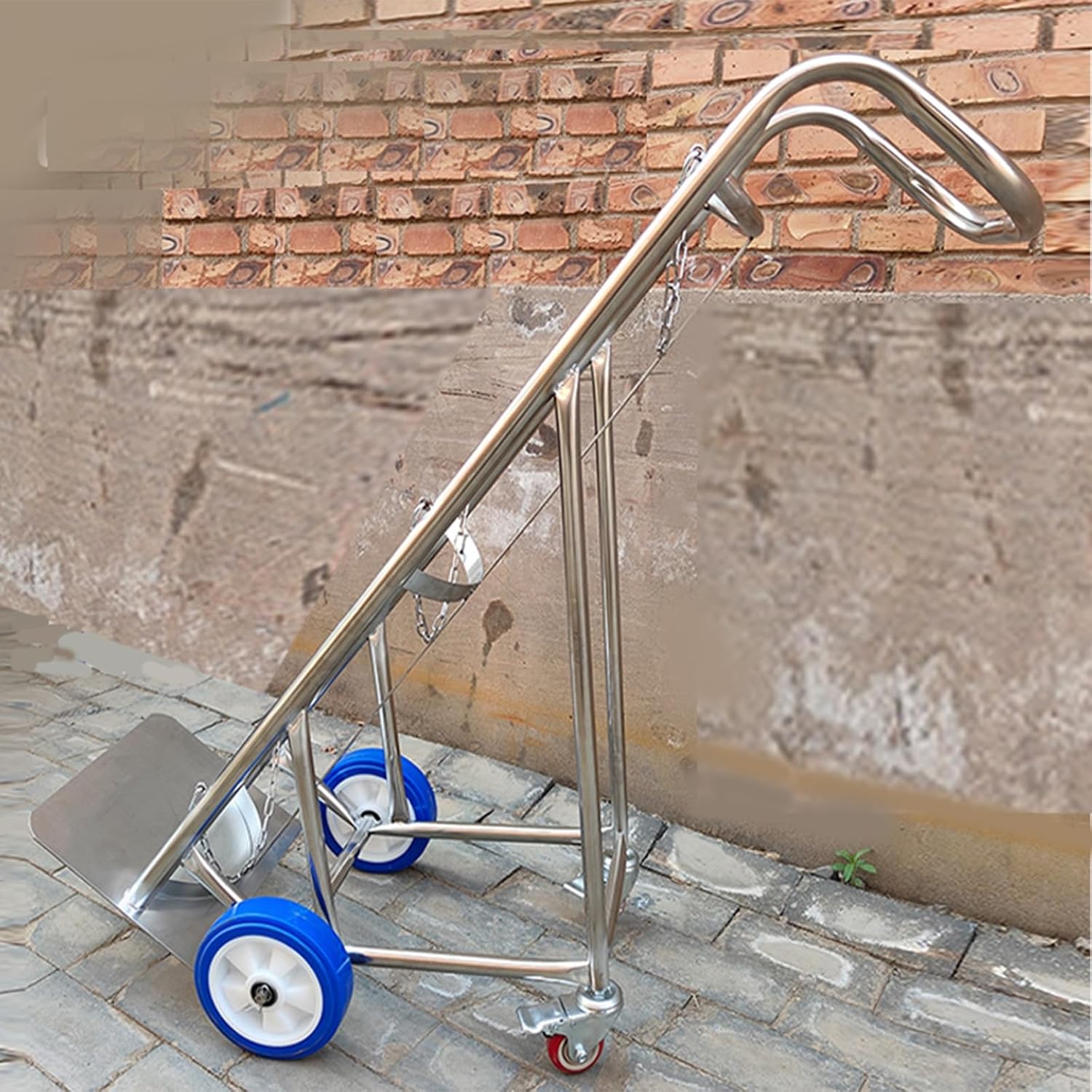 LZMZMQ Single Foldable Oxygen Tank Trolley for Hospital/Factory/Laboratory, 4 Wheels Stainless Steel Nitrogen Tank Transportation Handcart, Indoor Ground Moving Gas Tank Stand