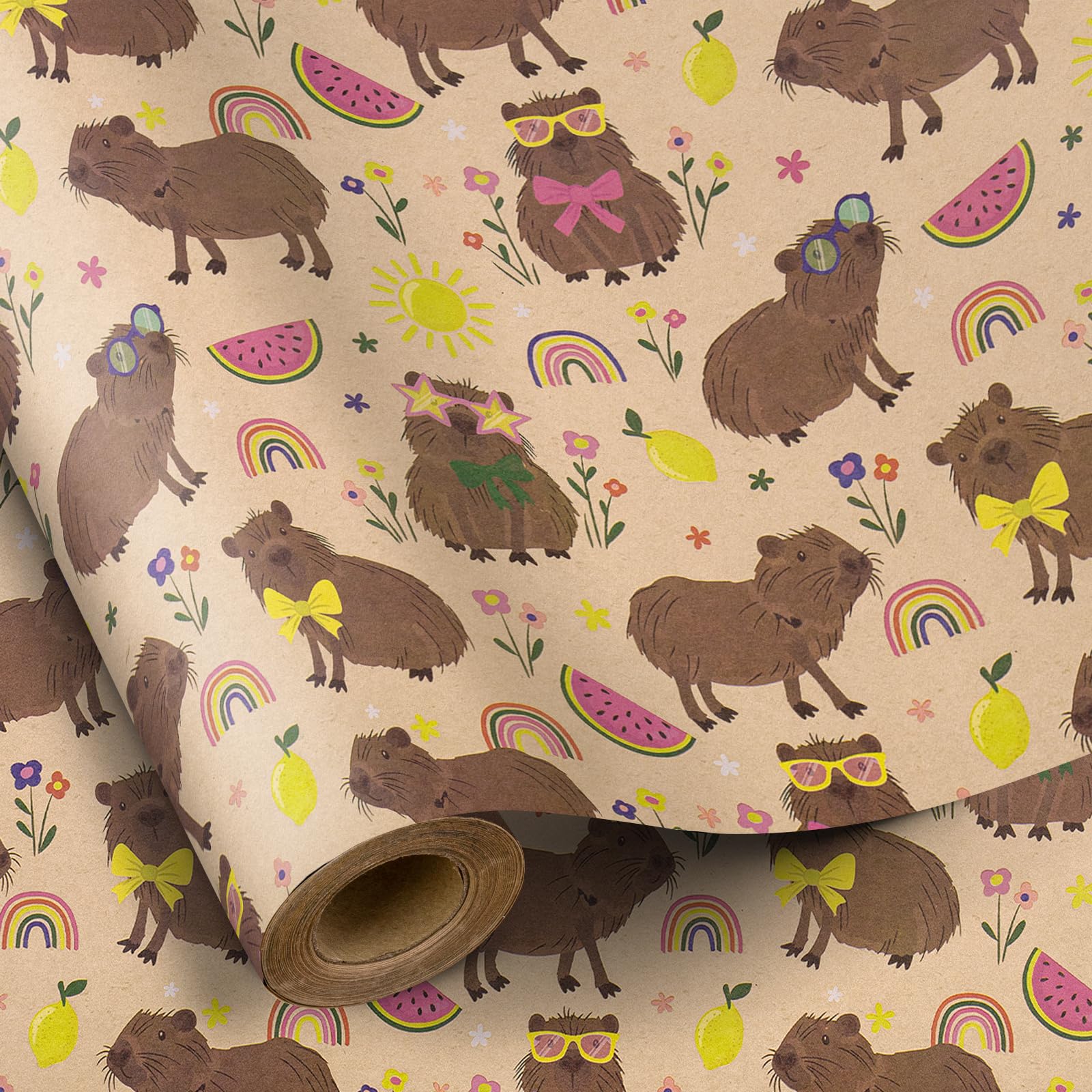 RUSPEPA Capybara Wrapping Paper for Kids, Mini Roll, 17 in x 16.4 ft, Kraft Wrapping Paper with Cute Capybara Cartoon Pattern Designs, Gift Wrap for