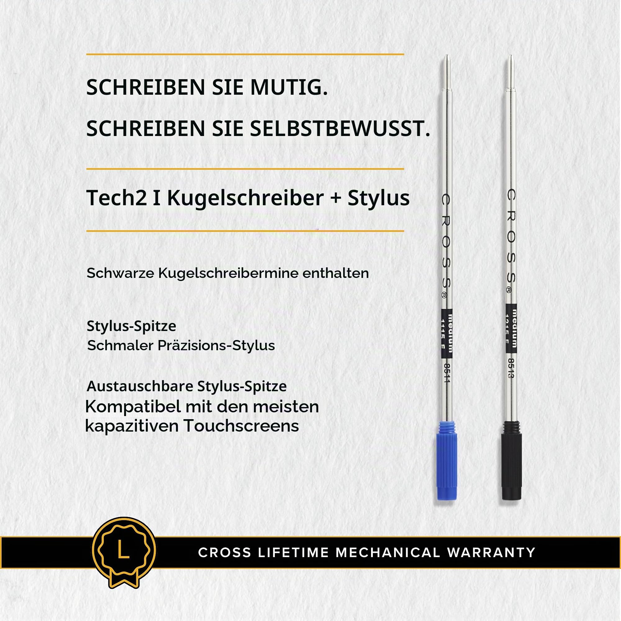 Cross Tech2 Kugelschreiber mit Eingabestift (Stylus), Satin-Schwarz, Kunststoffgehäuse, einziehbar, Strichstärke „Mittel“, nachfüllbar, Ersatzmine schwarz, hochwertige Geschenkverpackung, 1 Stück (1er Pack)