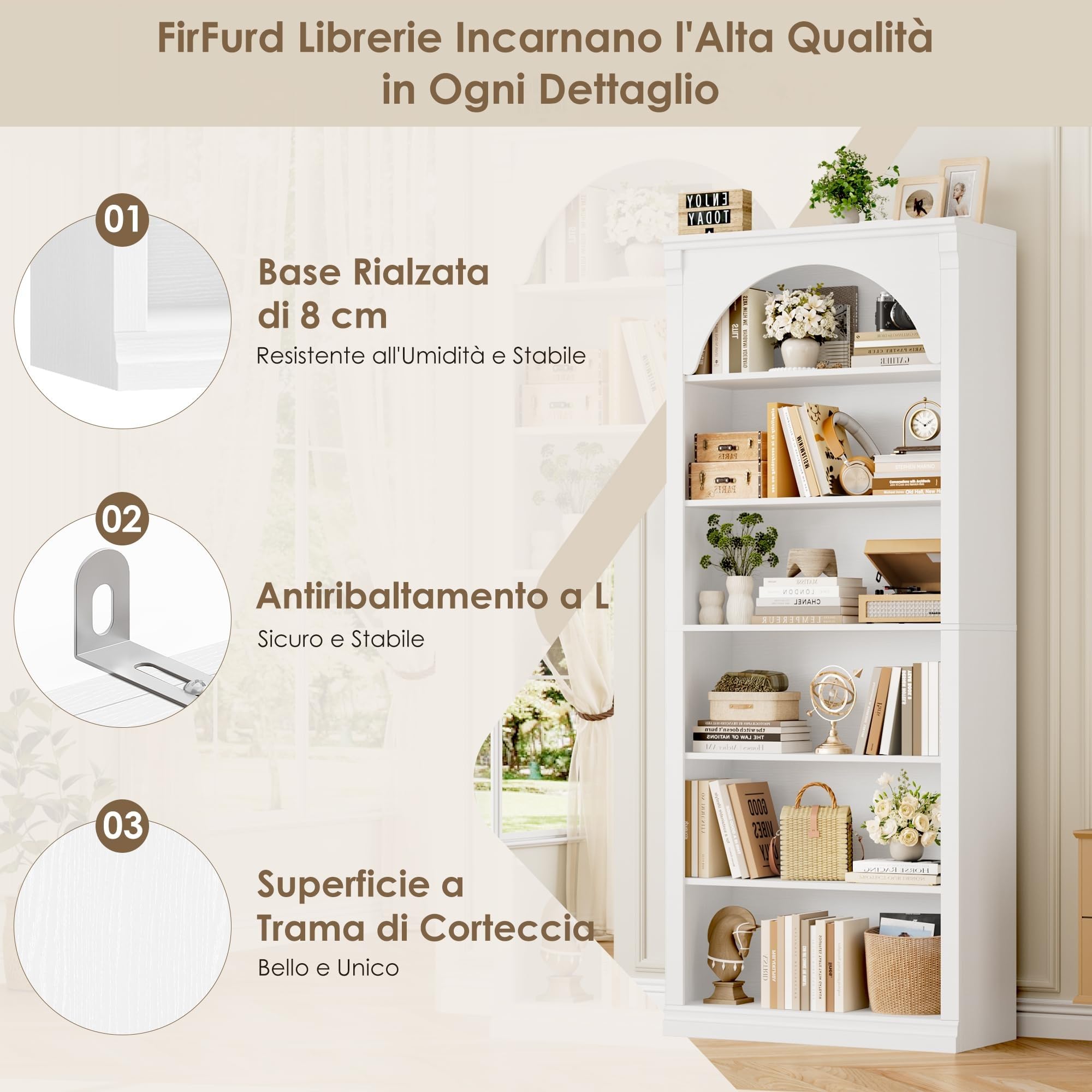 FirFurd Libreria Verticale, Libreria da Arco a 6 Ripiani, Scaffale Portaoggetti con Scomparti e Ripiani Aperti, per Soggiorno, Ufficio, Studio, Camera da letto, 75x27.7x186cm (Bianco)