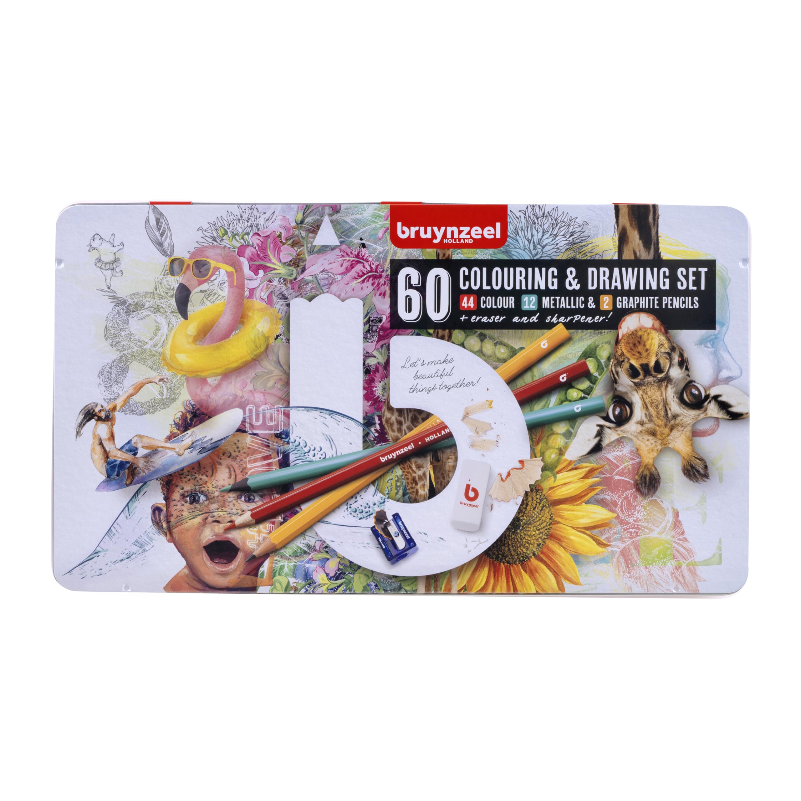 Bruynzeel Expression Coloring Set, 60 Pieces: 44 Colored, 12 Metallic, 2 Graphite Pencils + Eraser & Sharpener