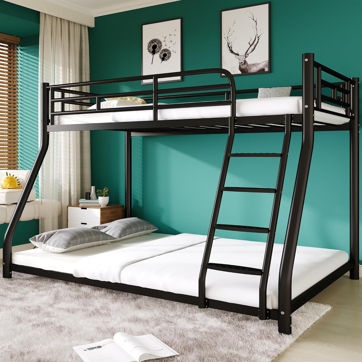 Metal Twin Over Full Bunk Bed，Bunk Beds Twin Over Full Size with Removable Wide Ladder and Full-Length Guardrail，Low Full BunkBeds Frame Heavy Duty steel Slat Support For Adults Kids and Young Teens