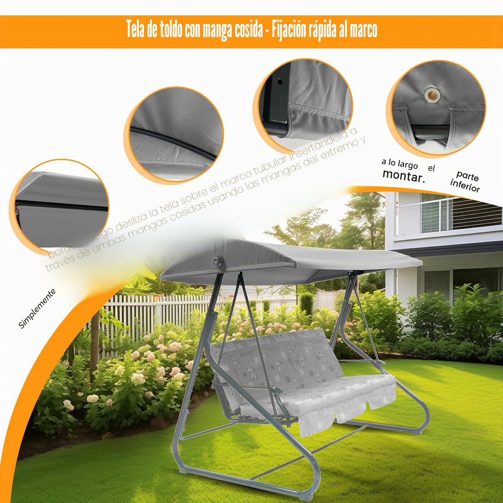 Cubierta superior de repuesto WingFly B&Q Colorado para columpio de jardín de 3 plazas, solo para actualizar la hamaca de jardín con columpio (204 X 117 cm, gris)