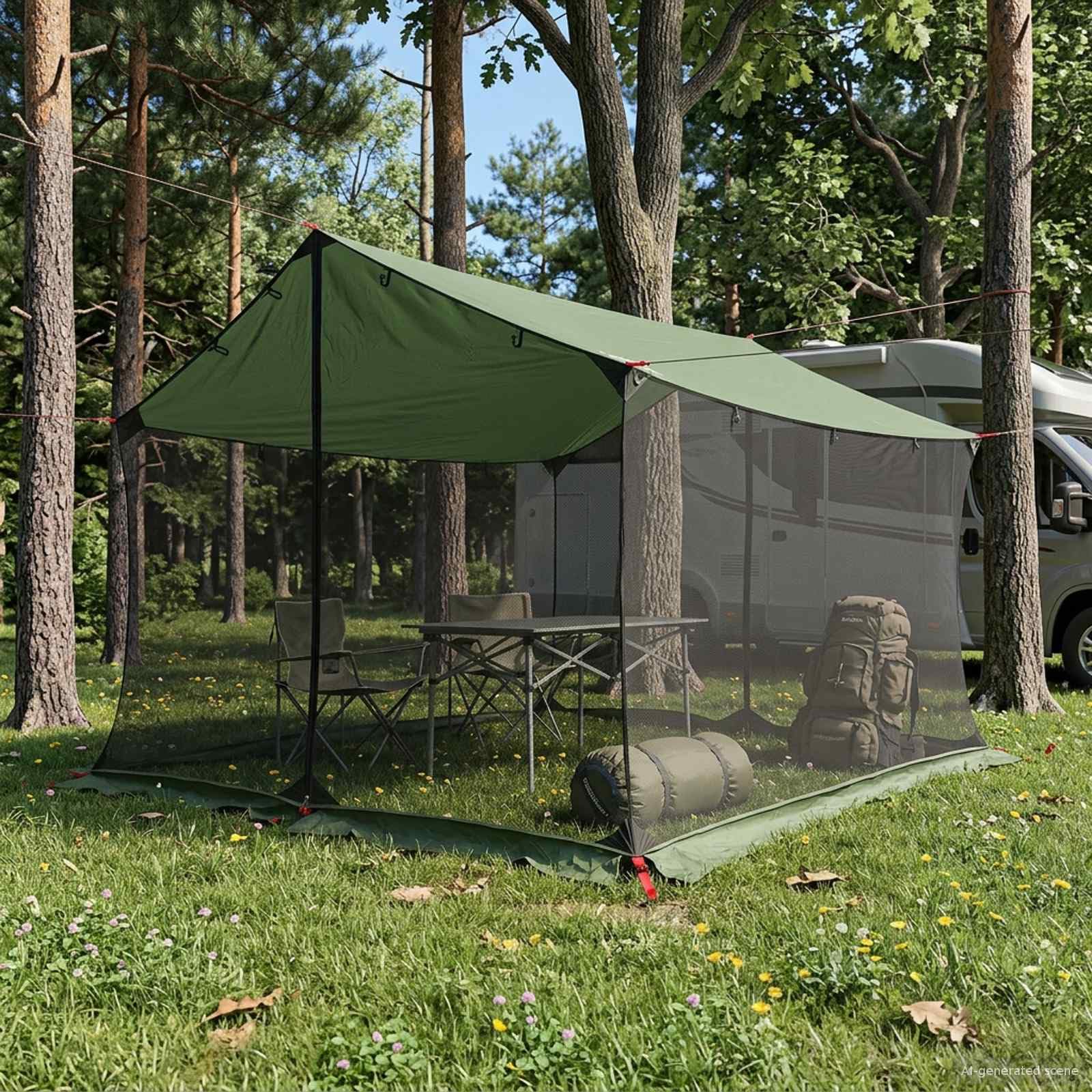 Camping Tarp mit Netzwänden, grün, 340 x 260 x 220 cm, 185T Polyester PU Dach, Belüftung mit Moskitonetz, mit Reißverschlusstür, für Camping Wandern Festival