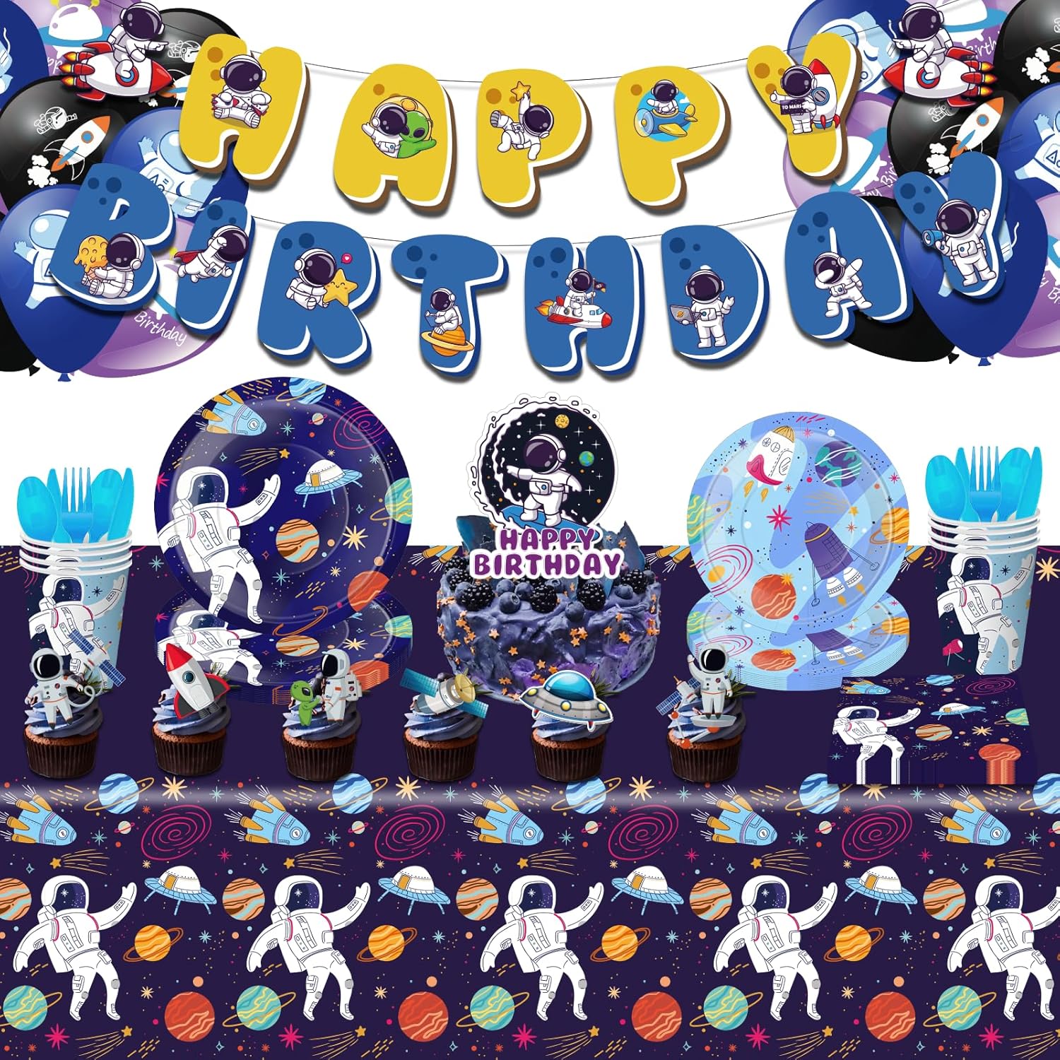 Universe Space Themed Birthday Party Decorations Astronaut Party Supplies Include Plates Napkins Cups Forks Knives Spoons, Happy Birthday Banner, Cake Toppers, Balloons, Tablecloths
