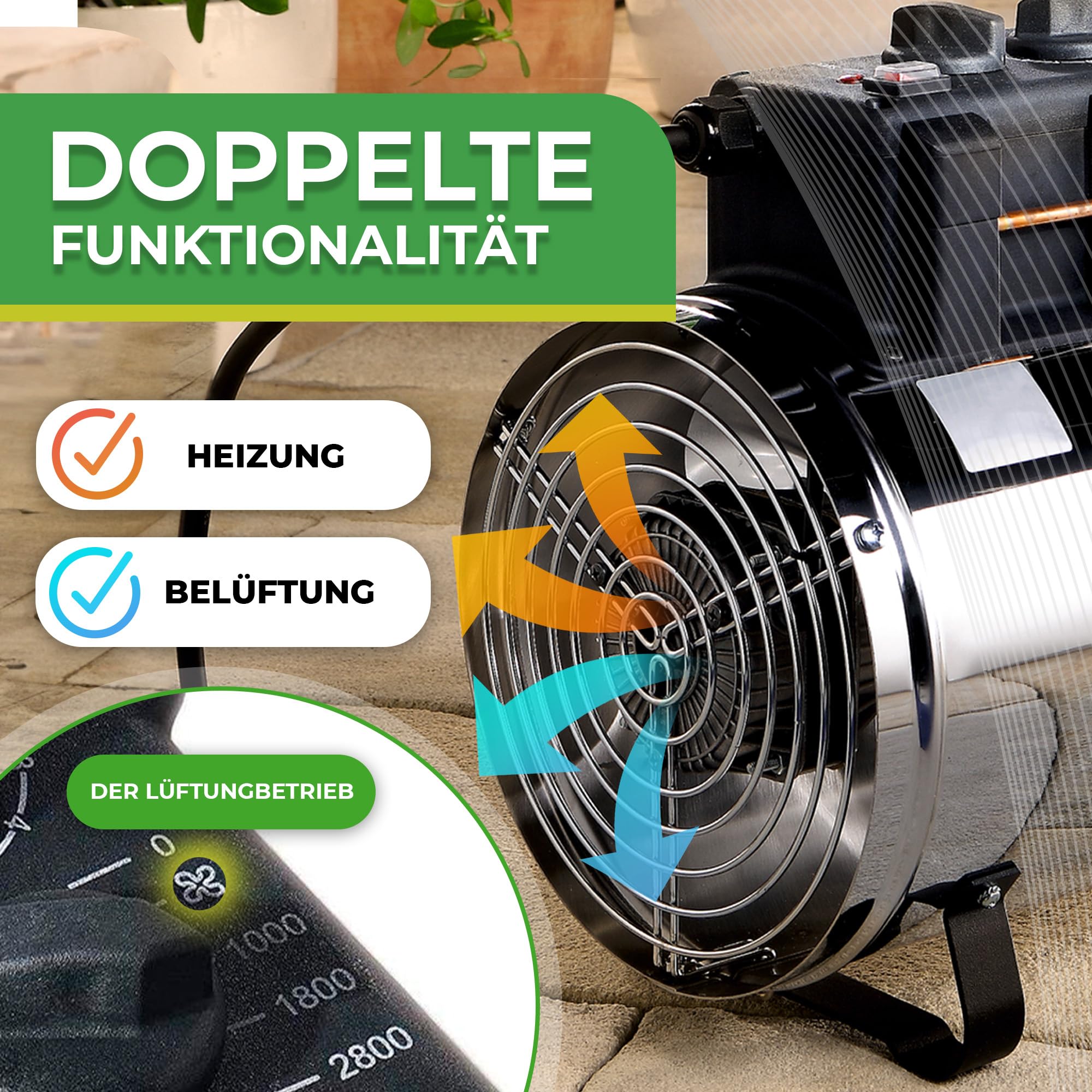 Bio Green Elektro-Gewächshausheizung Phoenix mit 3 Heizstufen bis 2.800 Watt | Thermostat | 460 m³/h Luftumwälzung | Umluft-Modus | spritzwassergeschützt