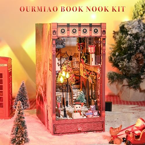 Miniatura 7 de OurMiao Kit de rincón de libros, casa de muñecas con luz LED, modelo de madera 3D para adultos y adolescentes, decoración de escritorio, decoración