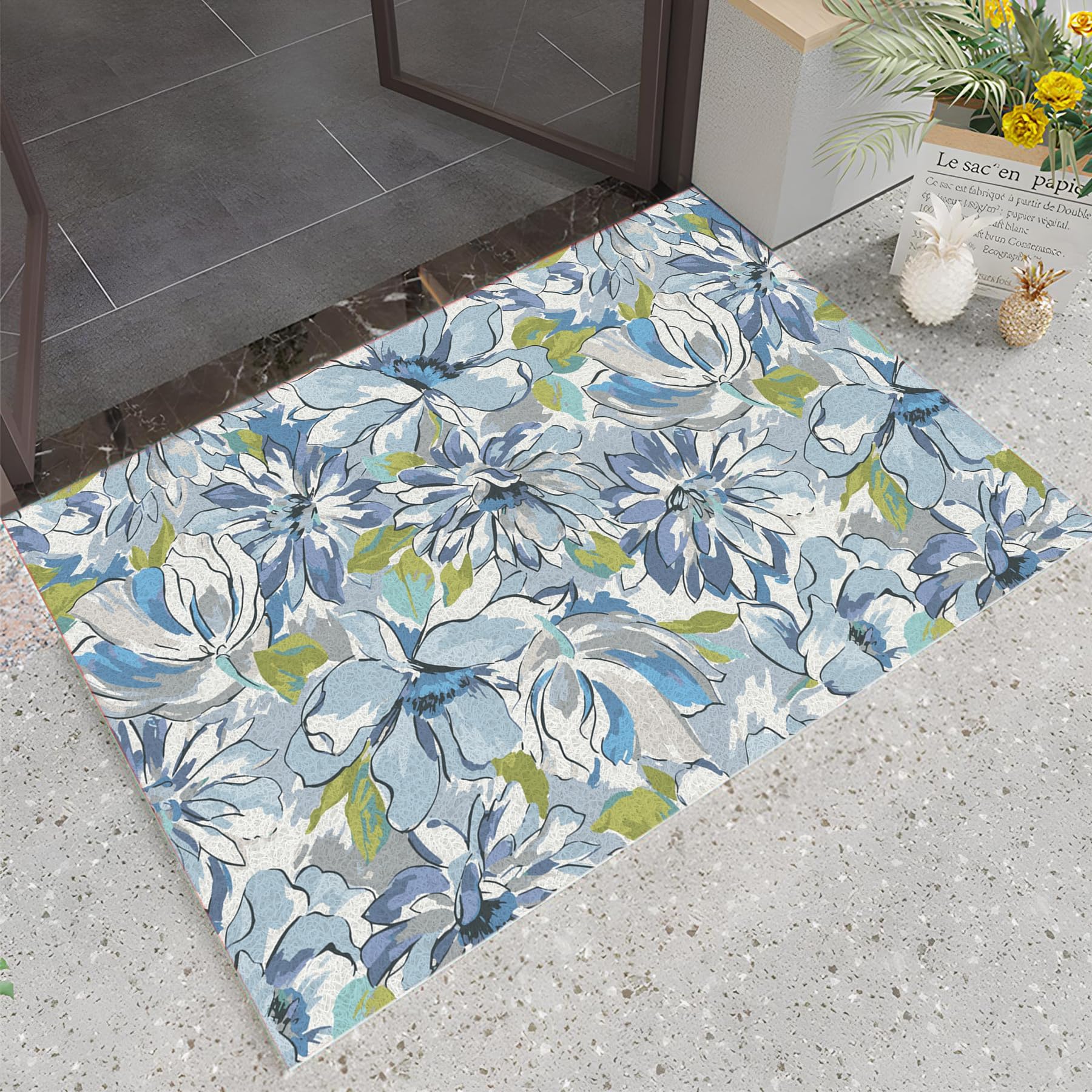 Felpudo interior antideslizante, de PVC, felpudo, felpudo, felpudo, felpudo, felpudo para entrada o puerta exterior (140 x 150 cm/55,12 x 59,06 pulgadas, pétalos azules)