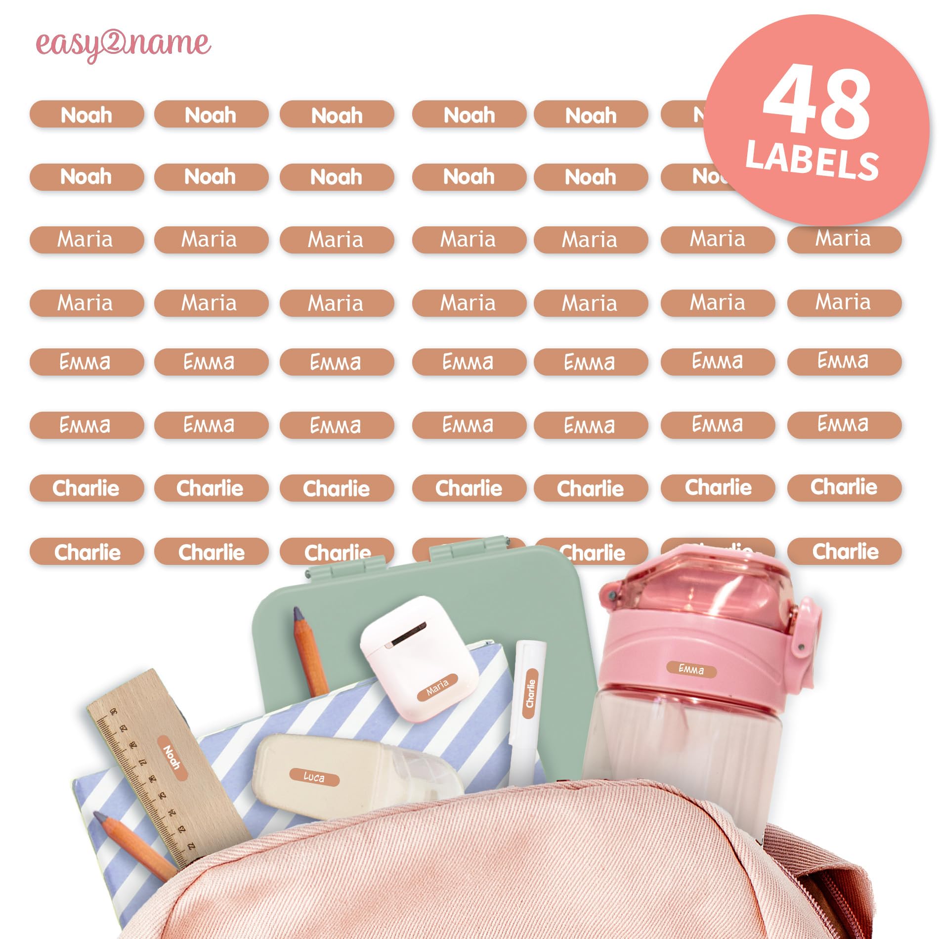 Easy2Name - Personalised mini XS Name Labels - Waterproof Name Stickers for Children and Adults - Ideal as Name Stickers in The Office, Workshop or School - 20x4mm - Coloured (Peach, 48)