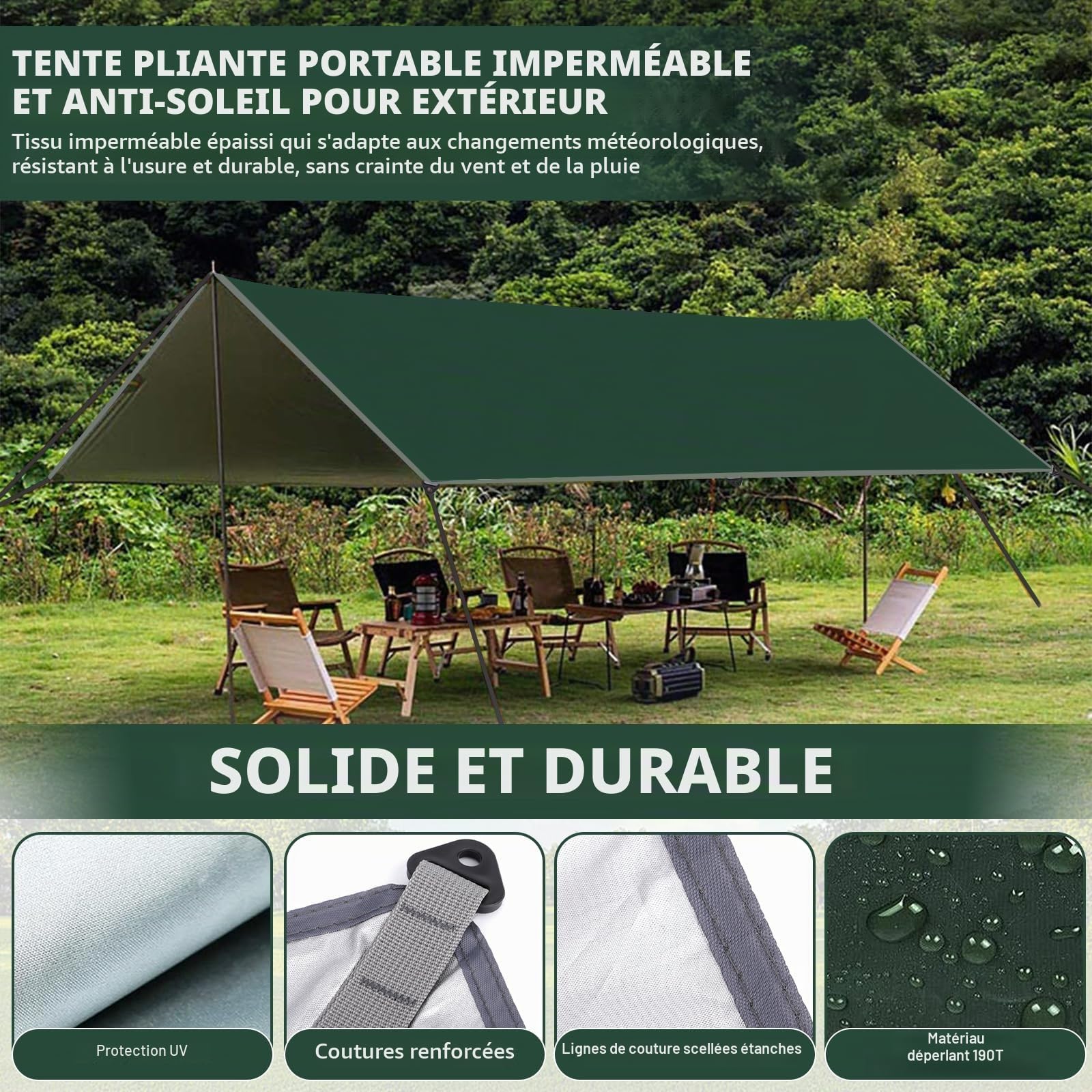 Bâche De Camping Frasheng 3x3m – 190T Oxford, Imperméable, Anti-UV, Avec 6 Piquets Alu Et 6 Cordes, 750g, Pour Randonnée Et Extérieur