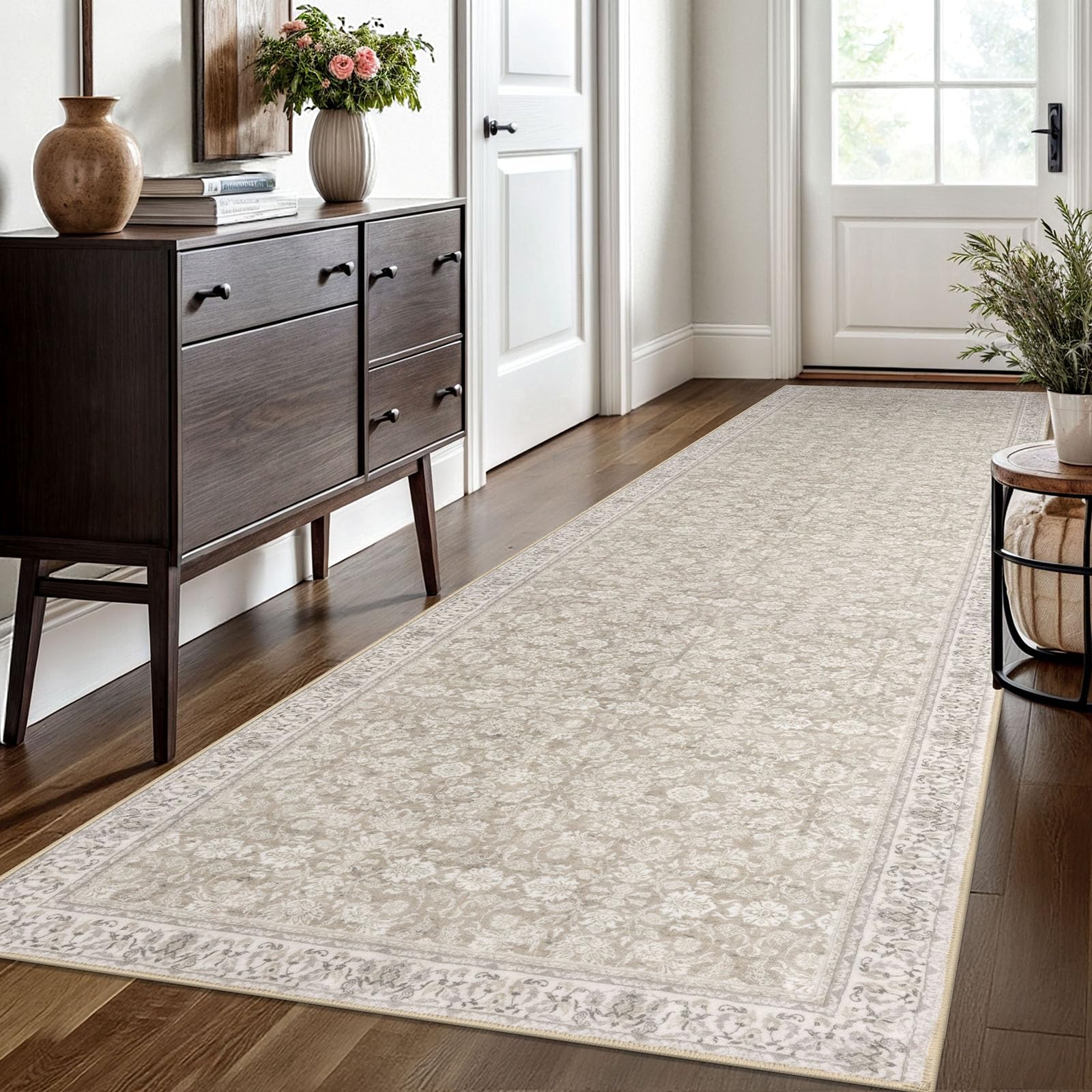 SIILOOM 3x10 Washable Runner Rug for Kitchen, Cream Beige Yellow White Grey Soft Classic Runner with Non-Slip, Non-Shedding Distressed Floral Rug for