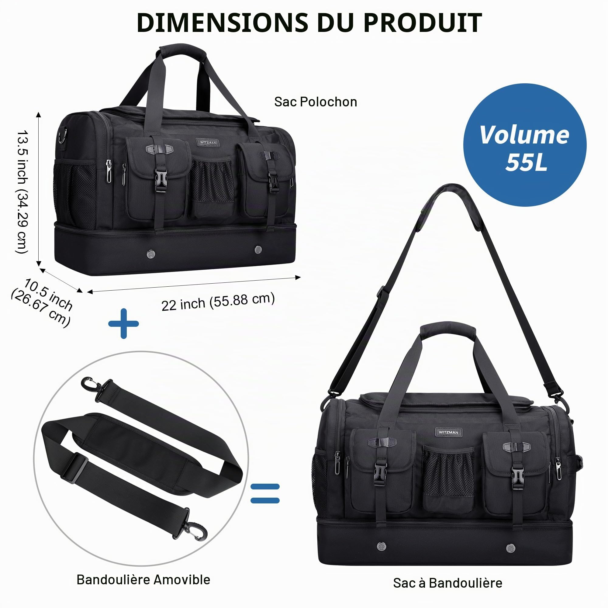 WITZMAN Sac de Voyage Homme 50L de Week-End avec Compartiment Chaussures