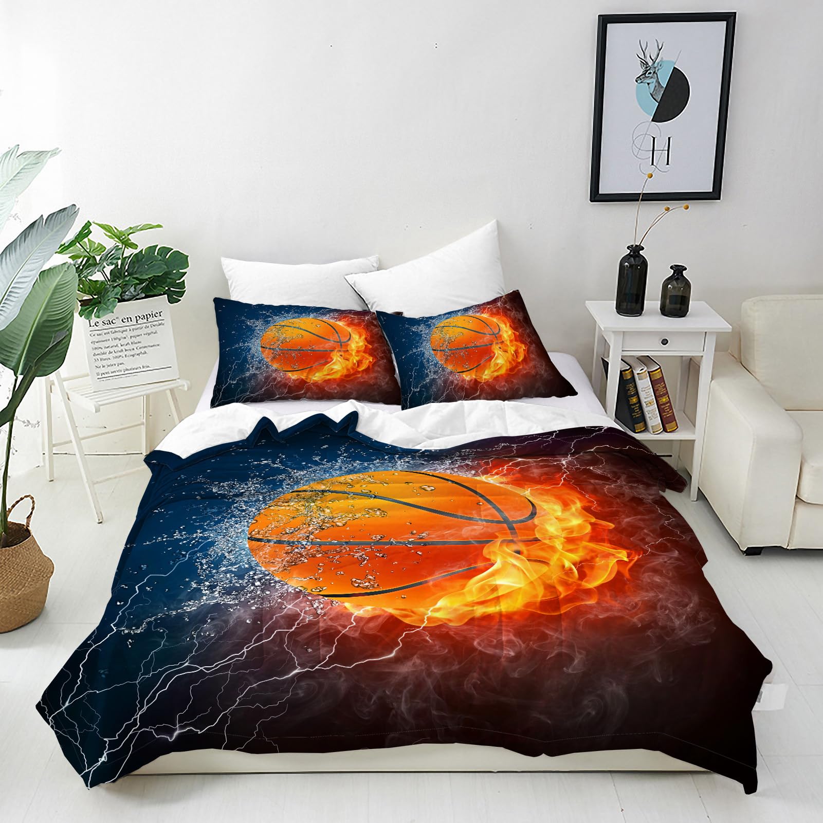 ANHOPE 2 Piece Duvet Cover 135 x 200 cm + Pillowcase 80 x 80 cm Kids Boys Girls Teens Bedding Set with Sports Theme Flame Basketball Print Pattern Quilt Cover with Zipper Closure — image 1