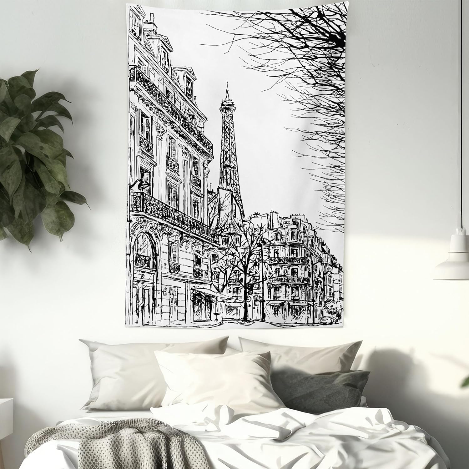Lunarable Paris Tapestry Twin Size, Sketch Parisian Street with Trees and Eiffel Famous City Scenery Architectural Print, Wall Hanging Bedspread Bed Cover Wall Decor, Twin Size, Black White