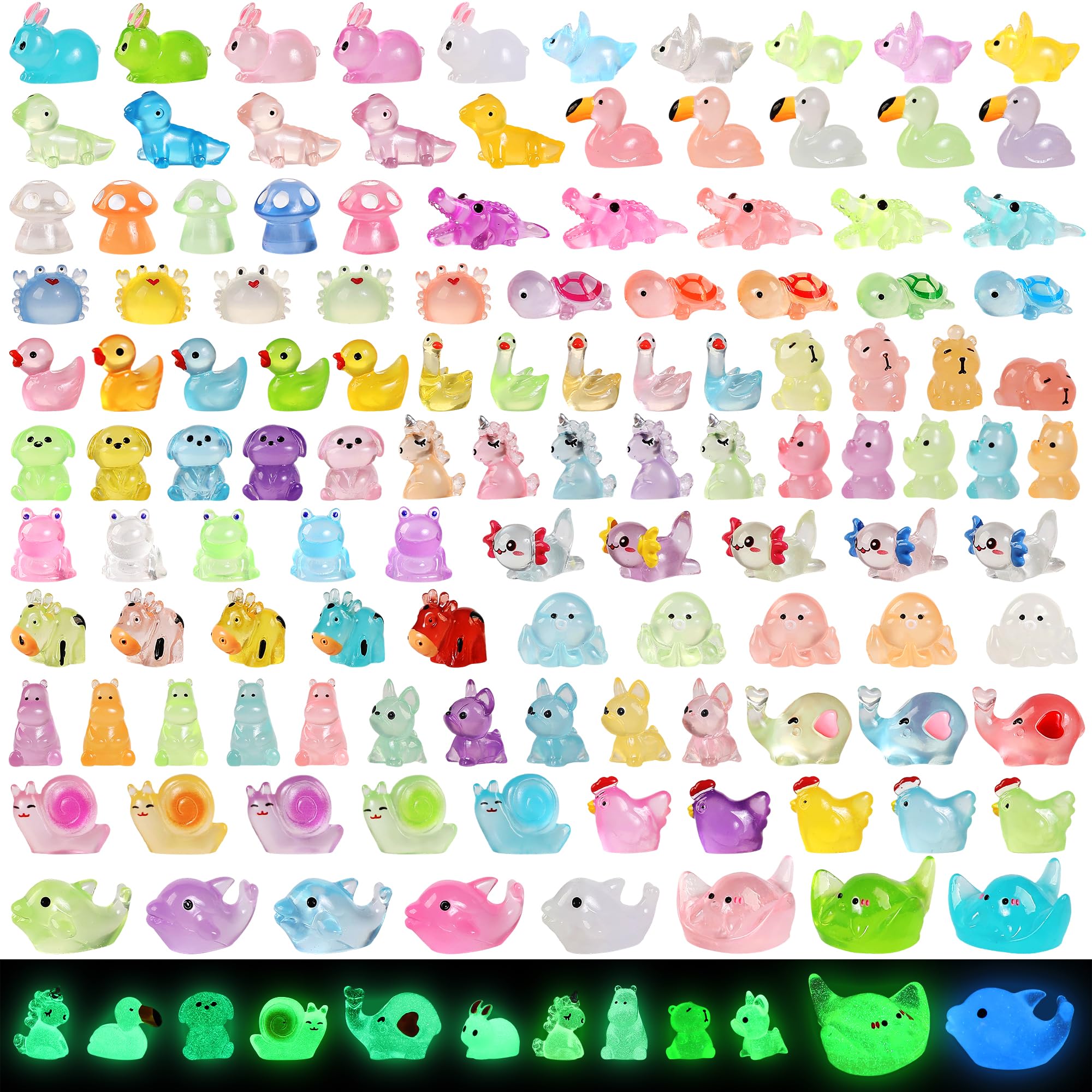 pupuluck 130pcs Luminous Mini Resin Animals 120 Styles Tiny Resin Animals Variety Pack Mini Figurines in Bulk for Miniature Fairy Garden Decoration Micro Landscape Aquarium Potted and Dollhouse Decor