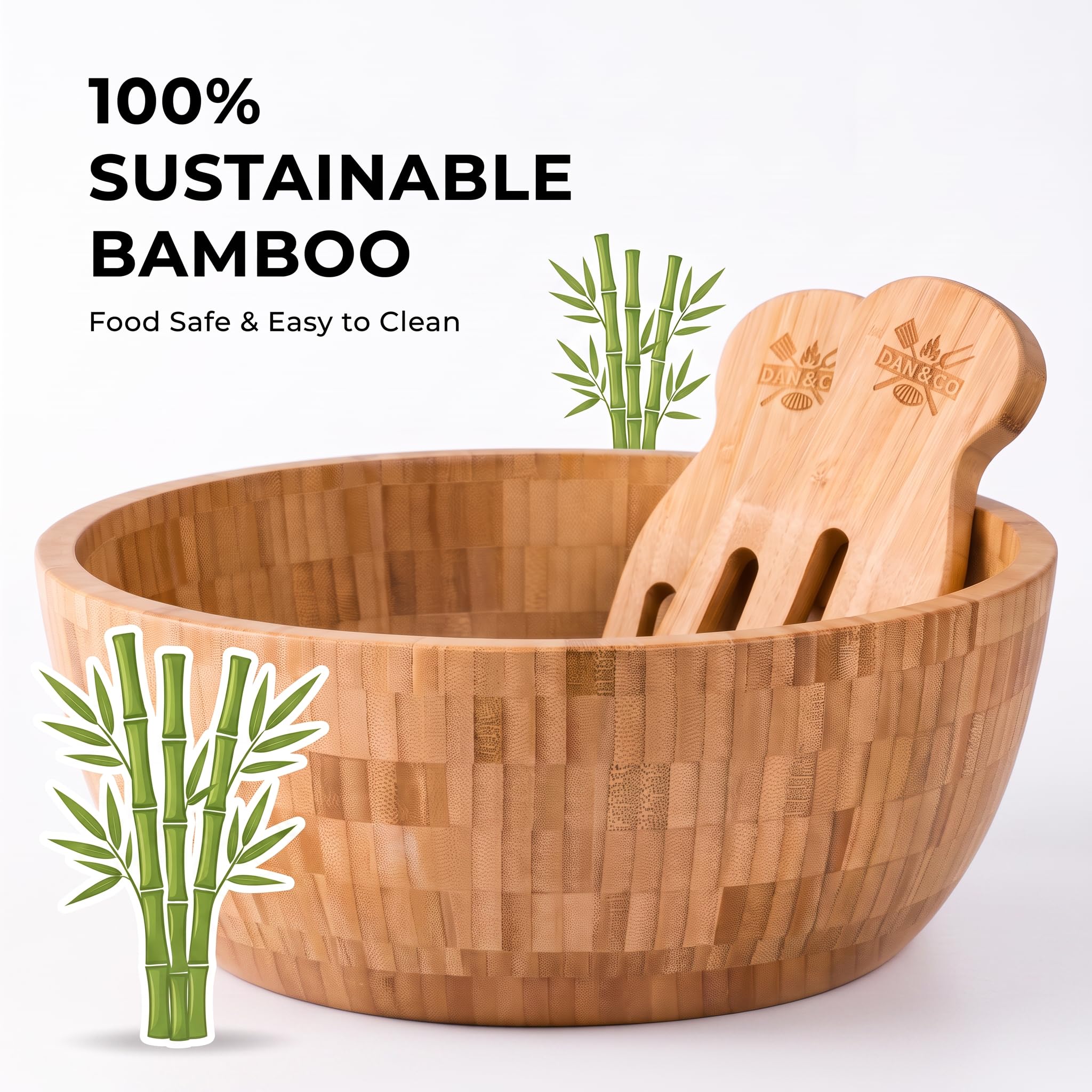 Dan&Co Ensemble Saladier Bois avec Grand Bols Bambou & Couverts à Salade | 3 bol en bois premium et 2 couverts à salade | Grands, moyens et petits bols pour servir des pâtes, des fruits et des snacks