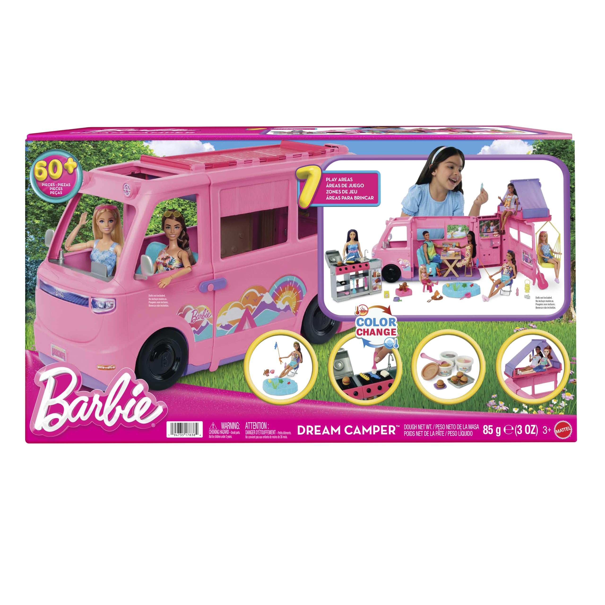 Barbie Coffret Camping-Car de Rêve avec Tente sur Le Toit, balançoire, Bassin pour la pêche, Barbecue-Grill avec Fonction Changement de Couleur et Plus de 60 Accessoires, HRJ78
