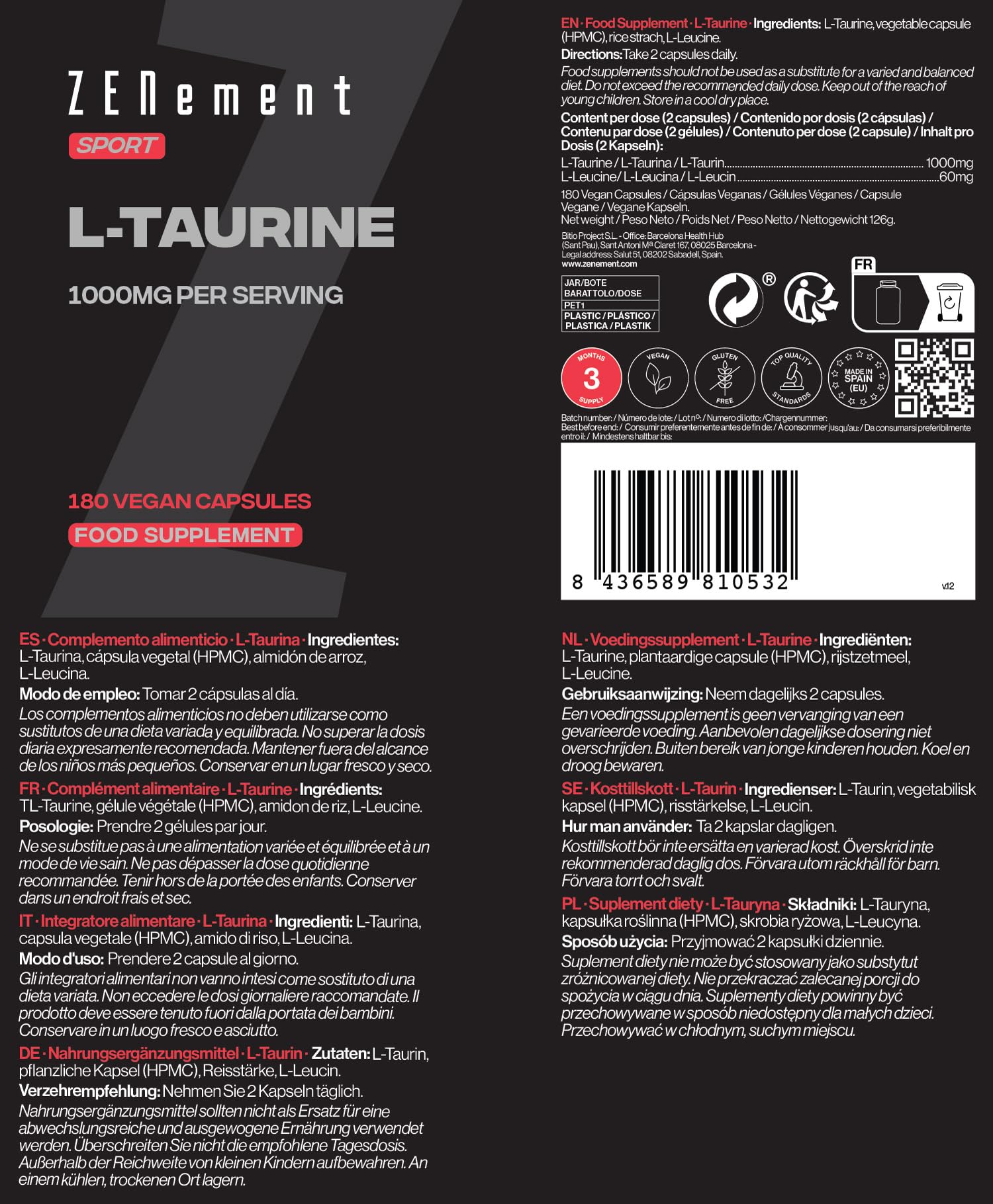 L‑Taurina 1000 mg per Dose (2 Capsule) - 180 Capsule Vegane (Fornitura 3 Mesi) - Taurina Pura - Integratore Sportivo - Senza Glutine, Senza Lattosio, Senza Soia, Senza Additivi - Zenement