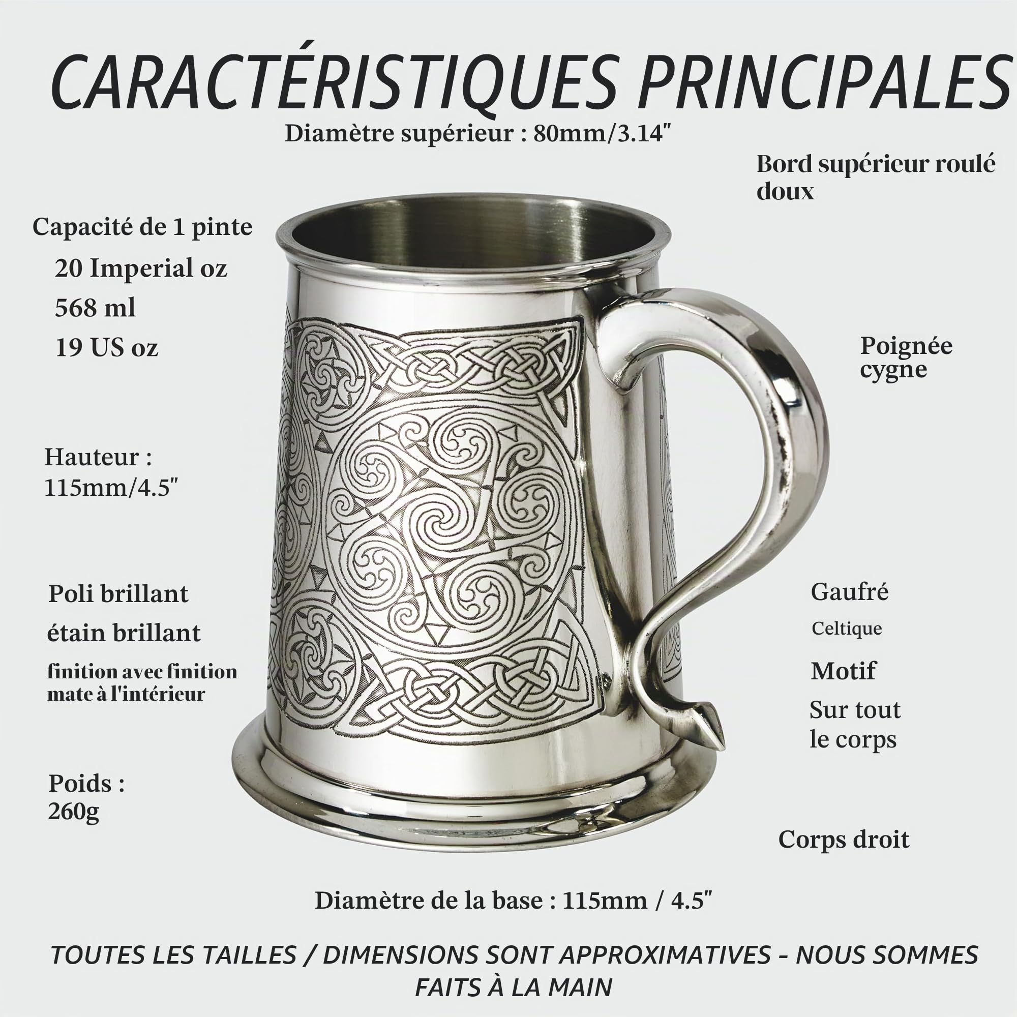 Wentworth Pewter - Chope en étain de 1 pinte avec spirales celtiques