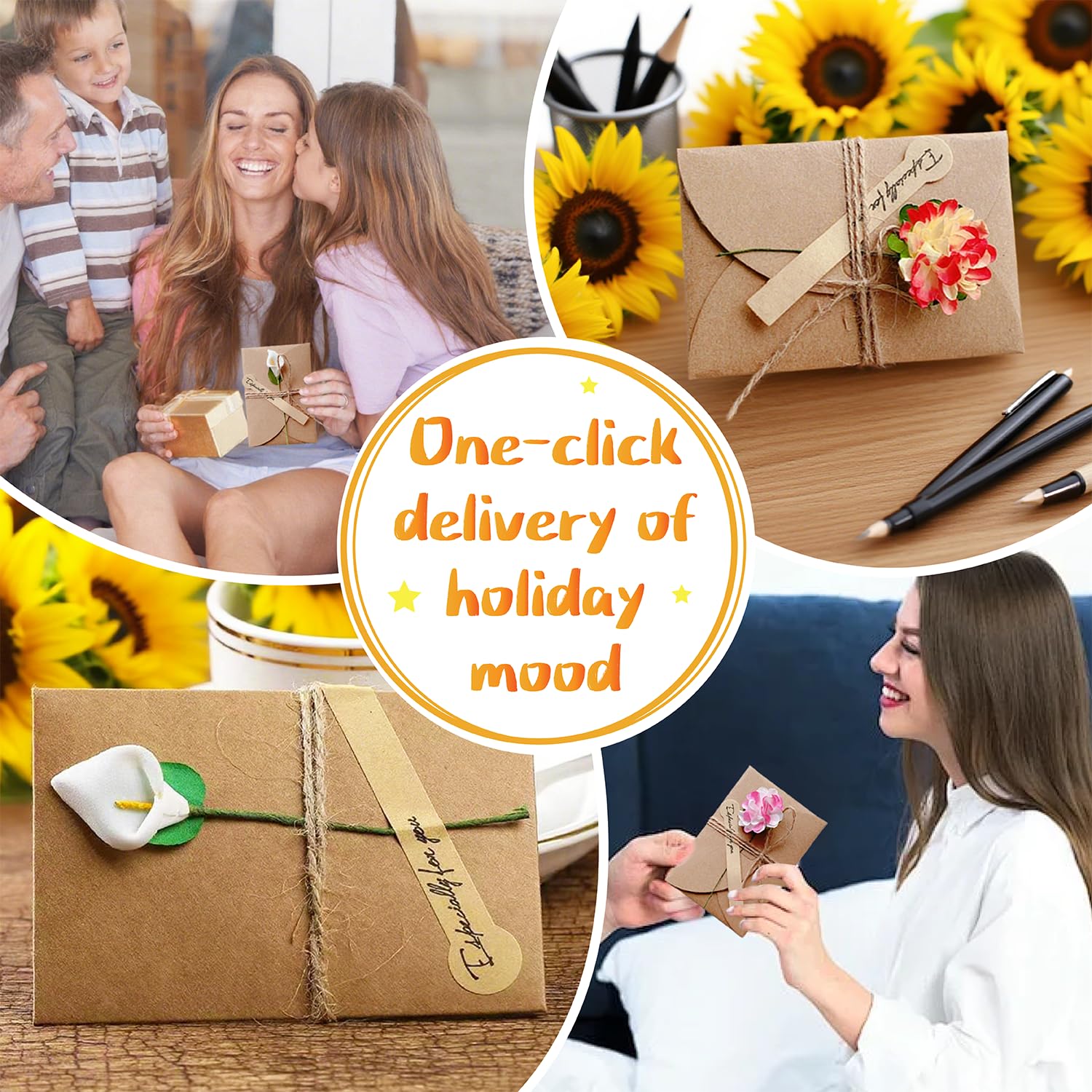 Kraft Papier Retro Grußkarten mit Umschlägen, 8 Stück, Trockenblumen, für Hochzeit Geburtstag Weihnachten