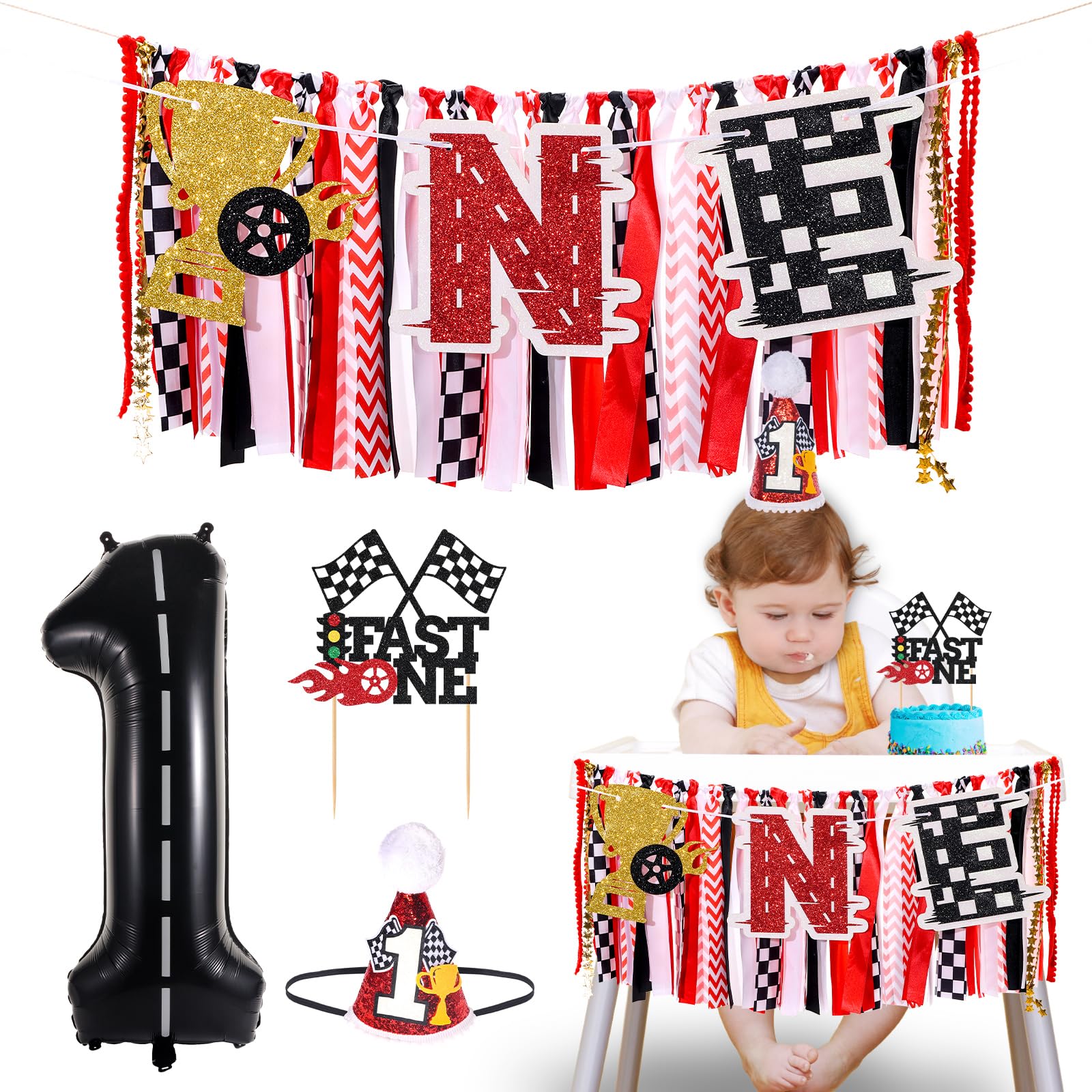 Race Car Fast One Highchair Banner for First Birthday Party Decorations